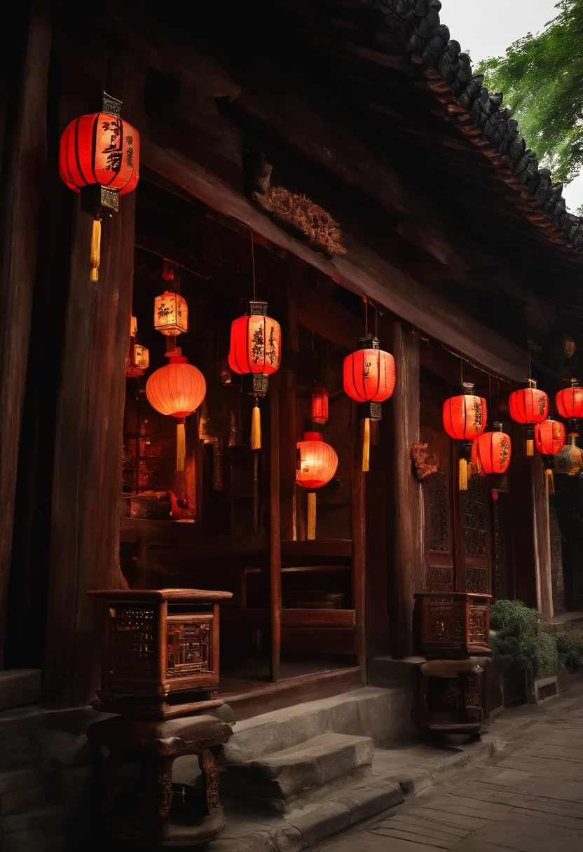 A wooden building with lanterns hanging on the roof, zhouzhuang ancient town, Shop front, old shops, full - view, qiangshu, up front view, shop front, preserved historical, historical context, seen from outside, Ancient construction, Ancient buildings, 12th century apothecary shop, author:Li Zai, guangjian, historical image