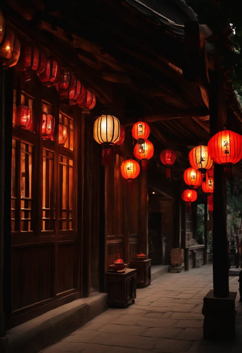 A wooden building with lanterns hanging on the roof, zhouzhuang ancient town, Shop front, old shops, full - view, qiangshu, up front view, shop front, preserved historical, historical context, seen from outside, Ancient construction, Ancient buildings, 12th century apothecary shop, author:Li Zai, guangjian, historical image