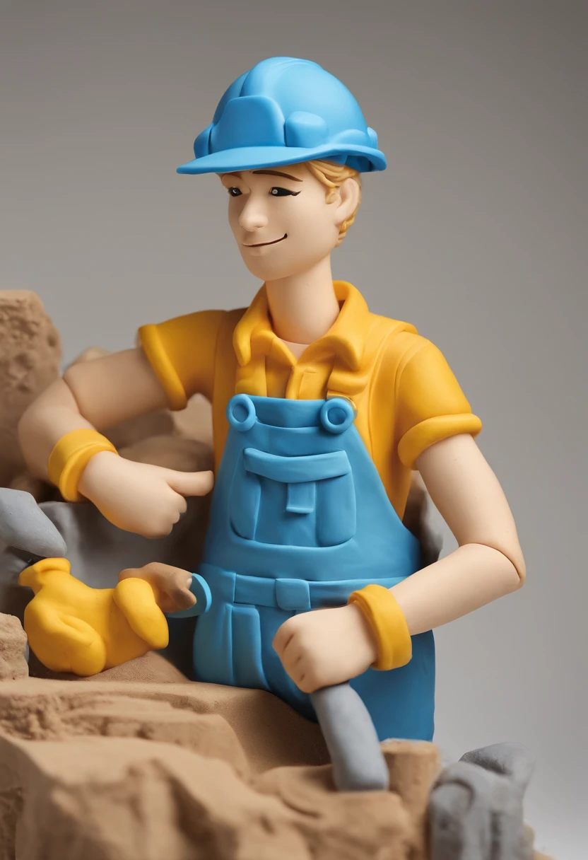 a beautiful young 20-year-old blond woman with pinned-up blond hair, He wears a white T-shirt and blue dungarees, Wearing a construction helmet and a tool belt, Hintergrund eine Baustelle