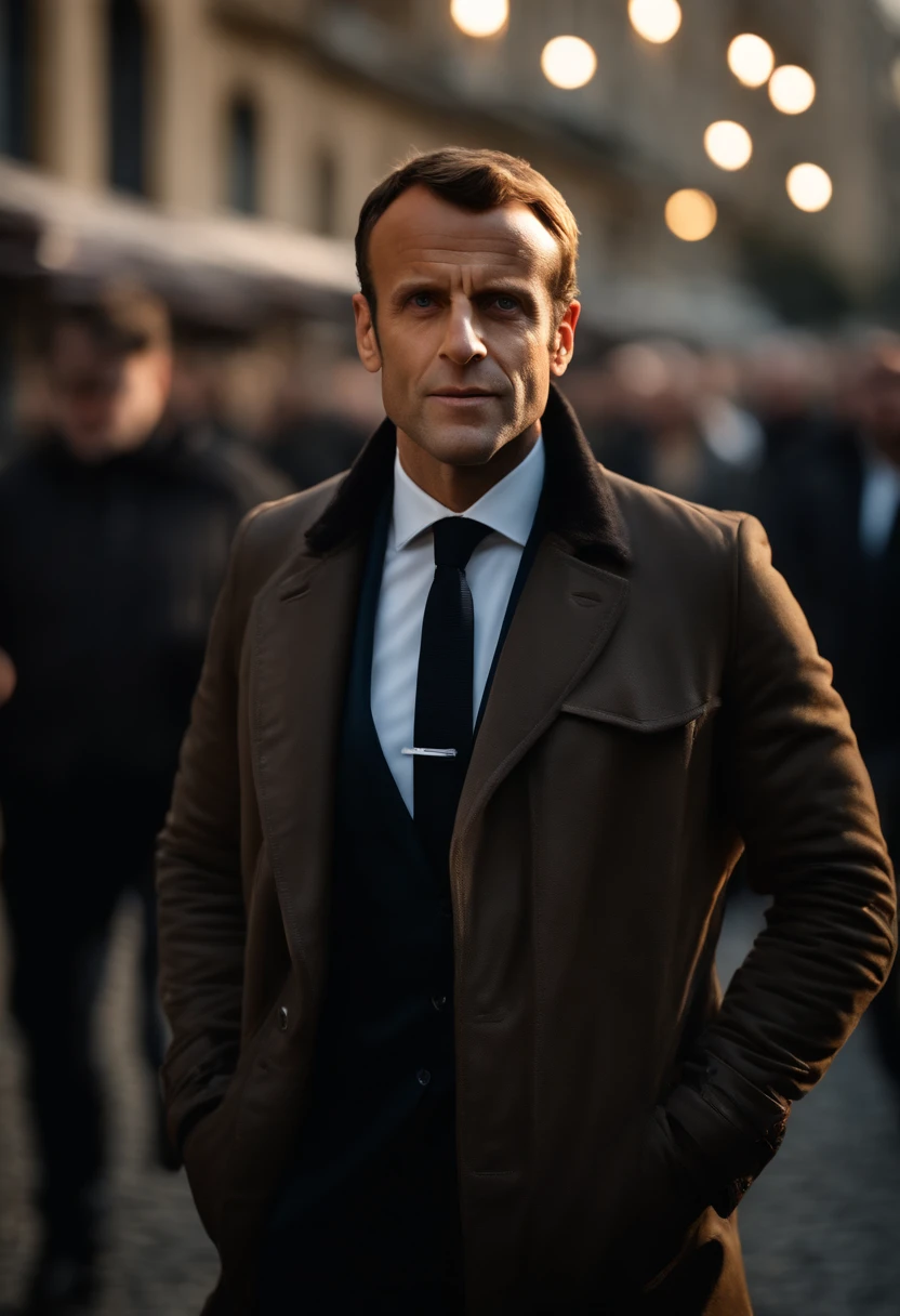 full entire body, Wide-angle close-up of President Macron's body , Tall and fit, (40 Jahre:1.1), (rasiert:1.2) , (kurzes braunes Haar:1.2),(Kurze Haare:1.3). Dunkelbrauner, enger Samtanzug, (Die Jacke hat schwarze Blumenmuster:1.2). (Posieren vor der Villa mit einem Luxusauto:1.1), crowded street with cafes in the distance, Cold and dark sunset at dusk, (Kantenlicht:1.1),(Fokus auf die Augen), (Angry look), (Hartes Licht auf der Haut:1.2), (Harte Schatten, dunkles Thema, Tiefer Kontrast:1.1), (Portrait photography by Annie Liebovitz), Dark Mint theme and choral aesthetics, (Hautunreinheiten)