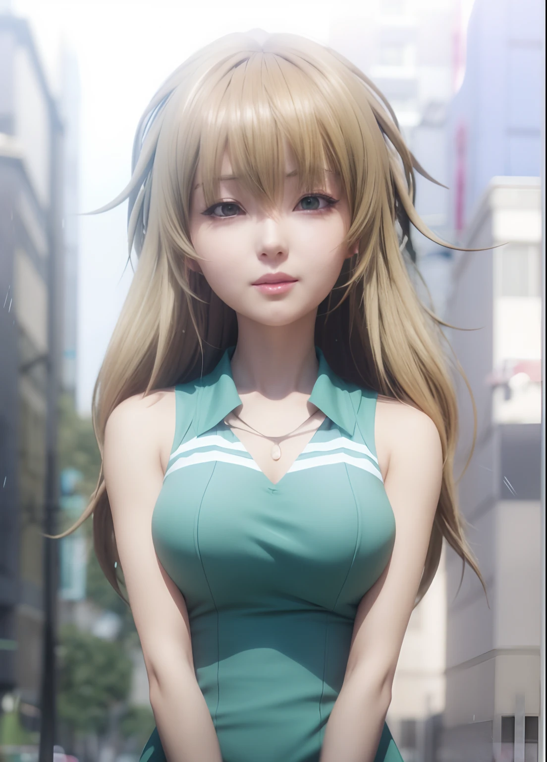 a close up of a woman in a green dress standing on a street, photorealistic anime, hyper realistic anime, realistic anime 3 d style, 3 d anime realistic, photorealistic anime girl render, realistic young anime girl, realistic anime, realistic - anime, anime cgi style, semi - realistic anime, attractive anime girl, smooth anime cg art, seductive anime girl