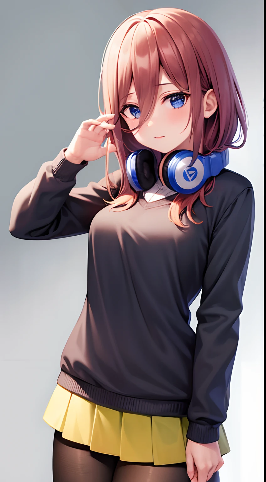 Solo girl, Light blue sweater, mini skirt, pantyhose, headphones around neck, cowboy shot, masterpiece, (high quality), 4k
