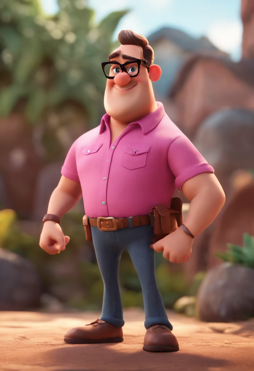 Cartoon character of a man with black glasses and a pink shirt, animation character, Caractere estilizado, animation style rendering, 3D estilizado, Arnold Maya render, 3 d render stylized, toon render keyshot, Personagem 3D, Personagem 3D, 3d rendering stylized, 3 d character render, personagem de desenho animado, Personagem de close up, Pose de personagem, (Estilo Pixar) (master part:1.2) (Bokeh) (best quality) (pele detalhada) (textura detalhada) (8k) (argila) (Cinematic lighting) (foco nítido