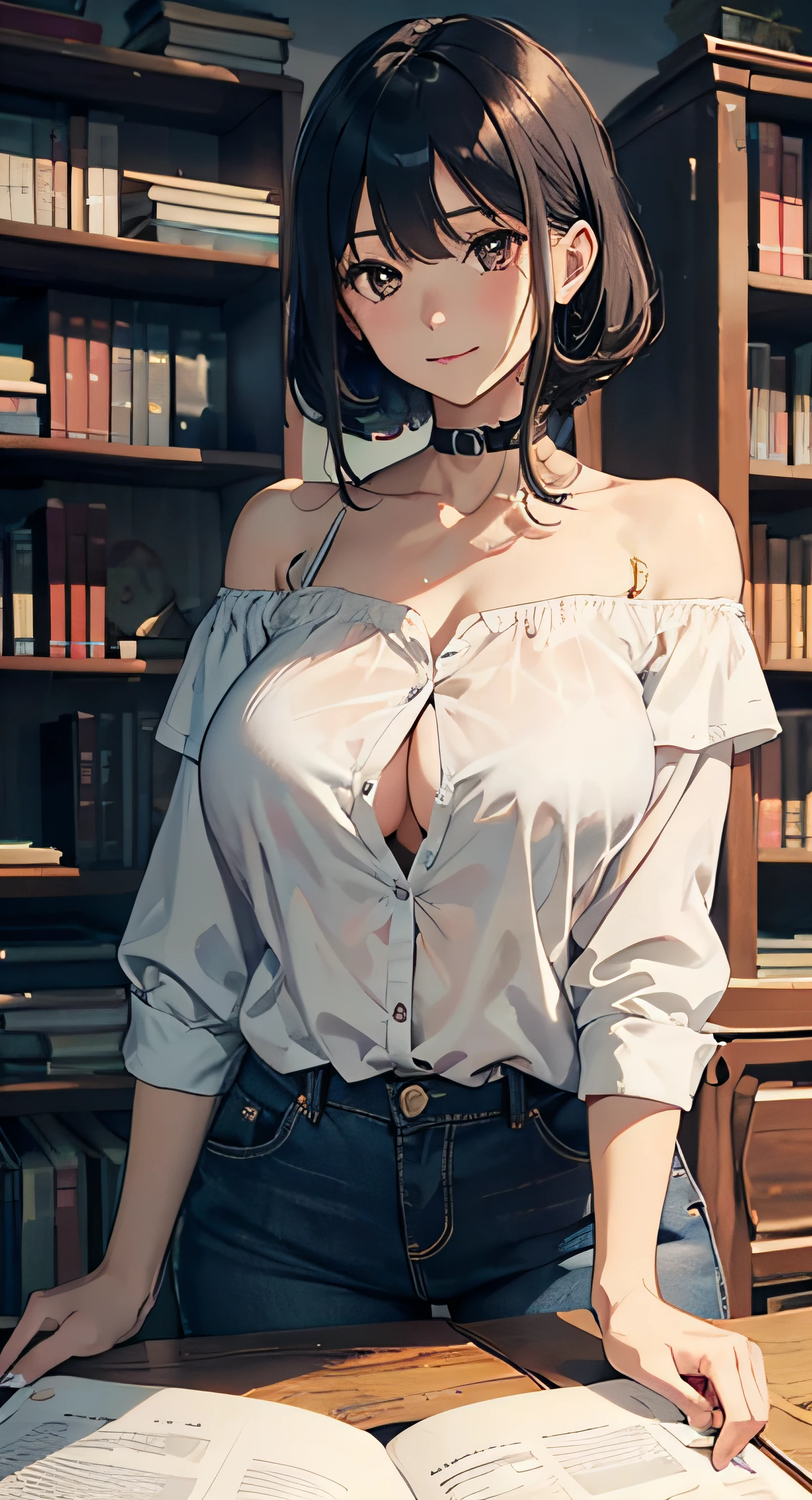(tmasterpiece),(best qualtiy),(highly detailed),(illustratio),(超高分辨率)one-girl,Off-the-shoulder attire,ssmile,(Bare chest),tutor,Black color hair,horse tailed,white shirt,Mature woman,huge tit,Top-down view,Close-up shot,bookshelves,milking