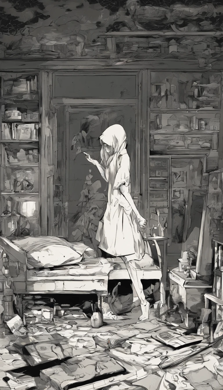 The woman is looking down. Woman cannot see her face. A woman holding her knees on a bed. A sick woman is cowering in a dark, closed-off room. The room is cluttered, with cell phones and hand mirrors on the floor. Fantastic. High quality in every detail.