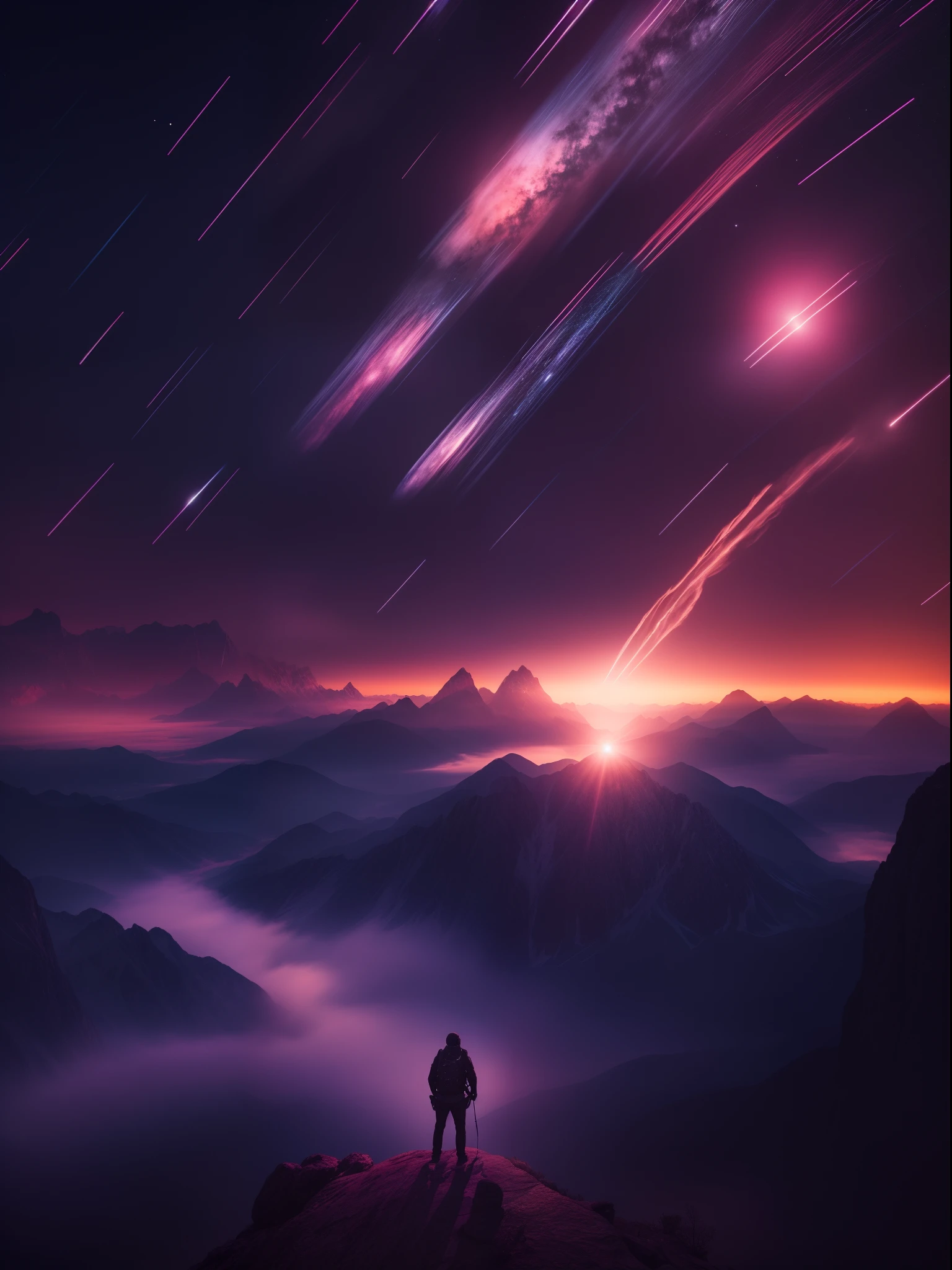 Create a breathtaking cinematic scene featuring a meteor hurtling through the night sky. Capture the awe-inspiring moment as it illuminates the darkness and evokes a sense of wonder and mystery. Use colors, composition, and lighting to transport viewers to this celestial spectacle