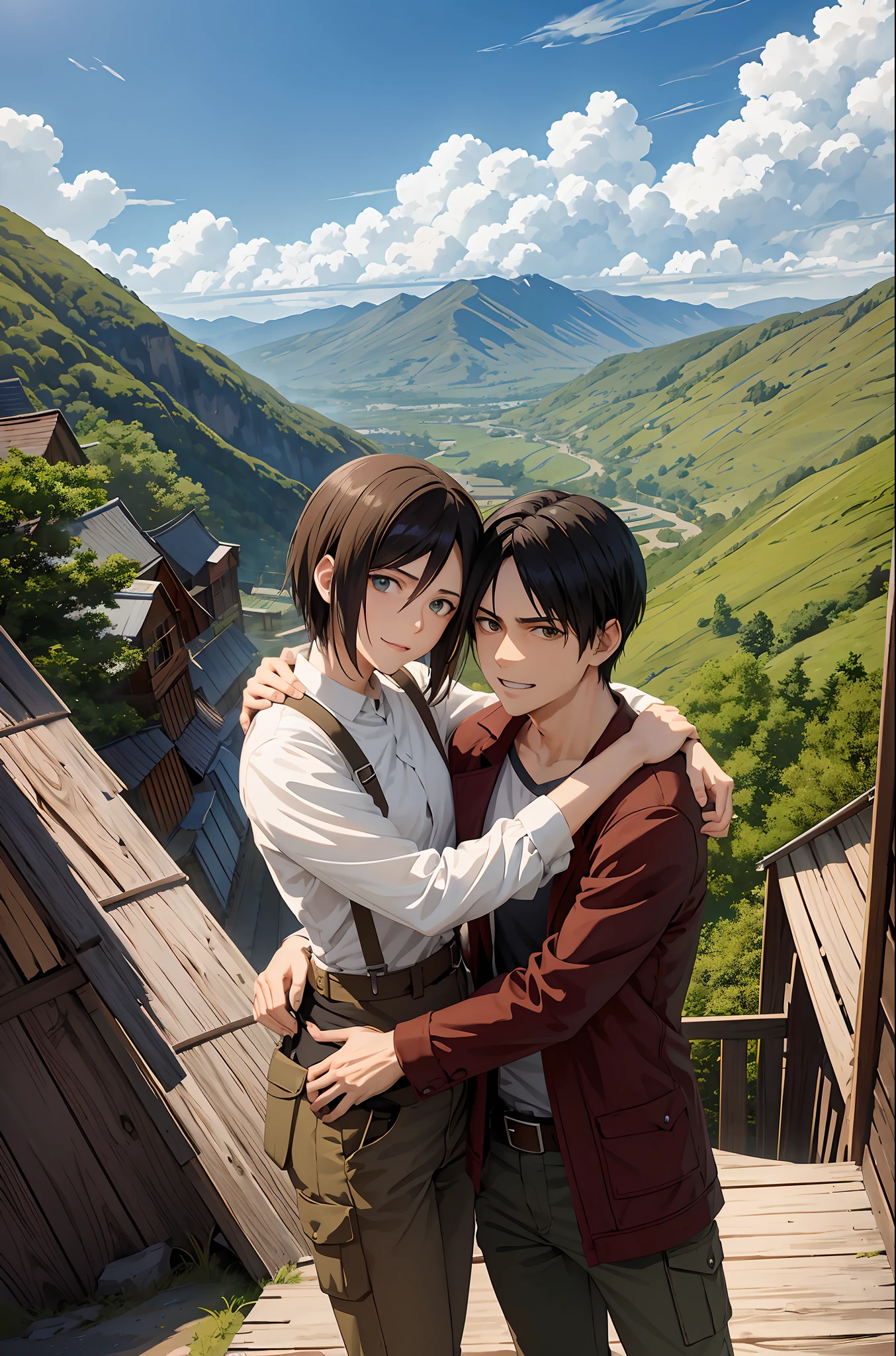 Attack on Titan anime, Eren Yeager and Mikasa, excellent quality, both standing at cabin wooden house on top of mountain and surrounded by more mountains. Nature. Both happy, smiling, hugging. good face, masterpiece, 2d, anime style drawing.  Wearing casual clothes. Hugging each other.