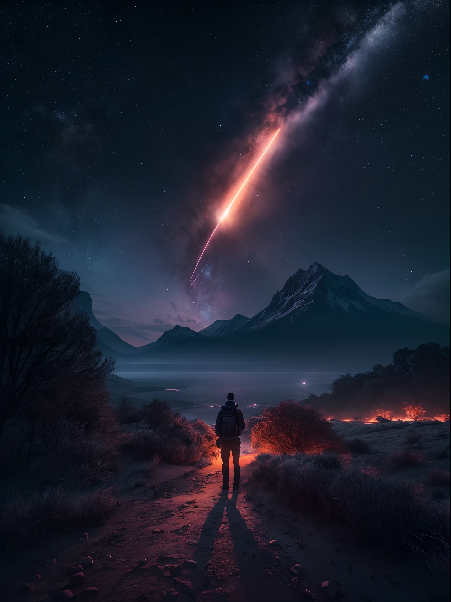 Create a breathtaking cinematic scene featuring a meteor hurtling through the night sky. Capture the awe-inspiring moment as it illuminates the darkness and evokes a sense of wonder and mystery. Use colors, composition, and lighting to transport viewers to this celestial spectacle