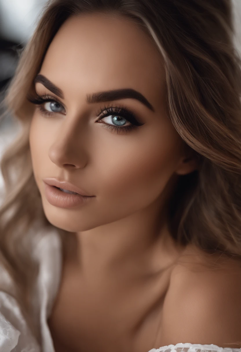 Femme Arafed complètement , fille sexy aux yeux bruns, ultra réaliste, Méticuleusement détaillé, Portrait Sophie Mudd, cheveux bruns et grands yeux, Selfie d’une jeune femme, Dubai Eyes, Violet Myers, sans maquillage, maquillage naturel, Regarder directement la caméra, Visage avec Artgram, Maquillage subtil, Superbe photo du corps entier agenouillée sur le lit, dans la chambre, Buste de taille moyenne à grande, Voir à travers les sous-vêtements en dentelle