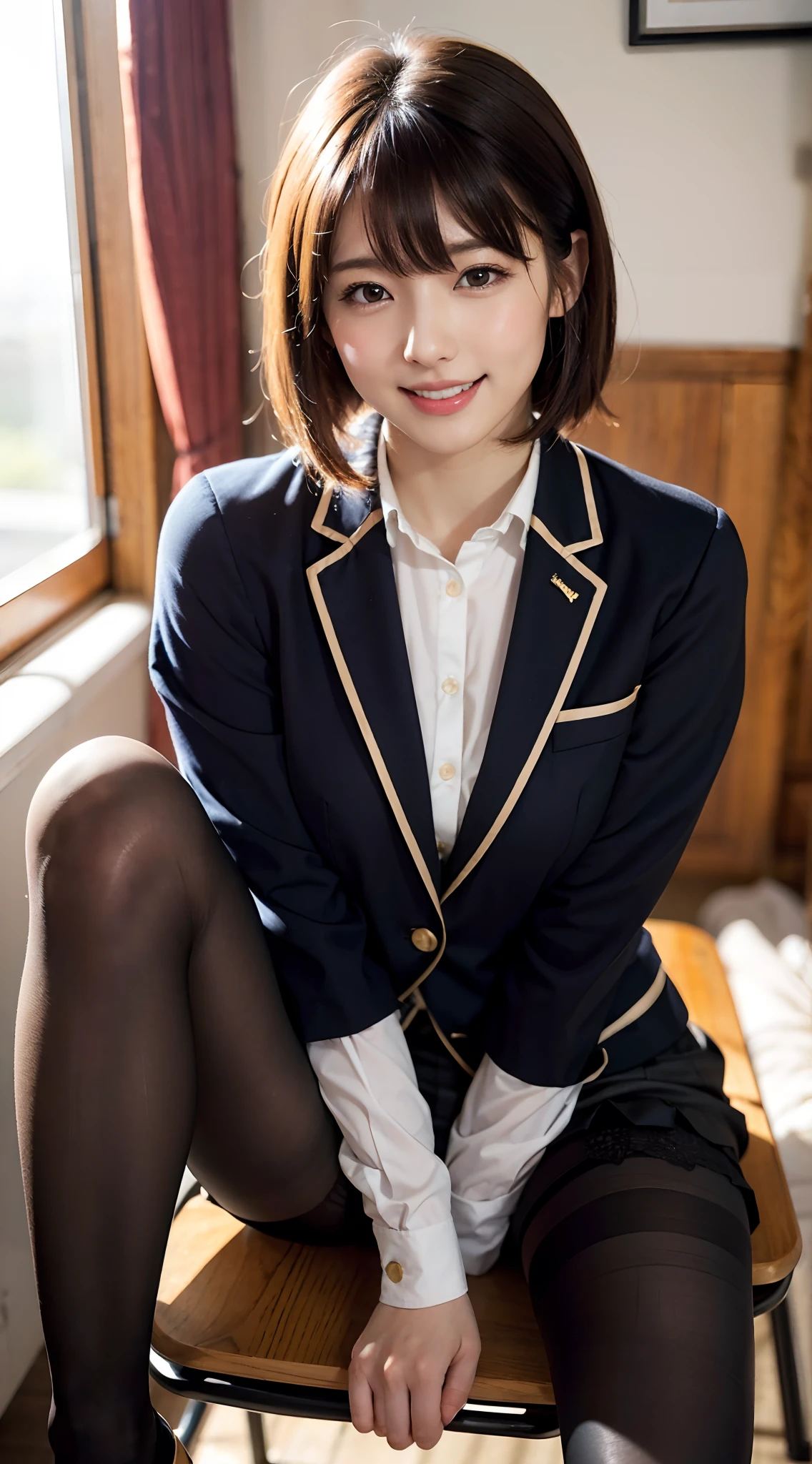 (masutepiece, Best Quality, Illustration, Ultra-detailed, finely detail), hight resolution, 8K Wallpapers, Raw photo、1 girl, Female, (1.8), School, Schoolgirl, Blazer, uniform, (Ultra-realistic pantyhose:1.5)、Pubic hair visible, , Skirt boldly pulled up, ((Sit on a chair、Keep your legs wide open)), Bend your knees and open your legs, slightly shorter hairstyle, Grab your knees with your hands to open your legs, Buttoned shirt flutters、Unbutton the、Inviting smile、