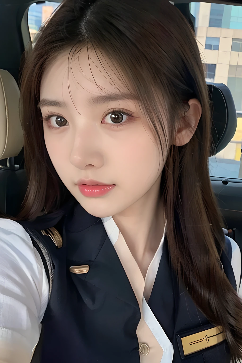 (best quality,4k,highres:1.2),raw photography, 20-year-old girl, Asian girl, beautiful detailed eyes ,beautiful double eyelids, ,flat chest , hair over shoulder, female pilot uniform,