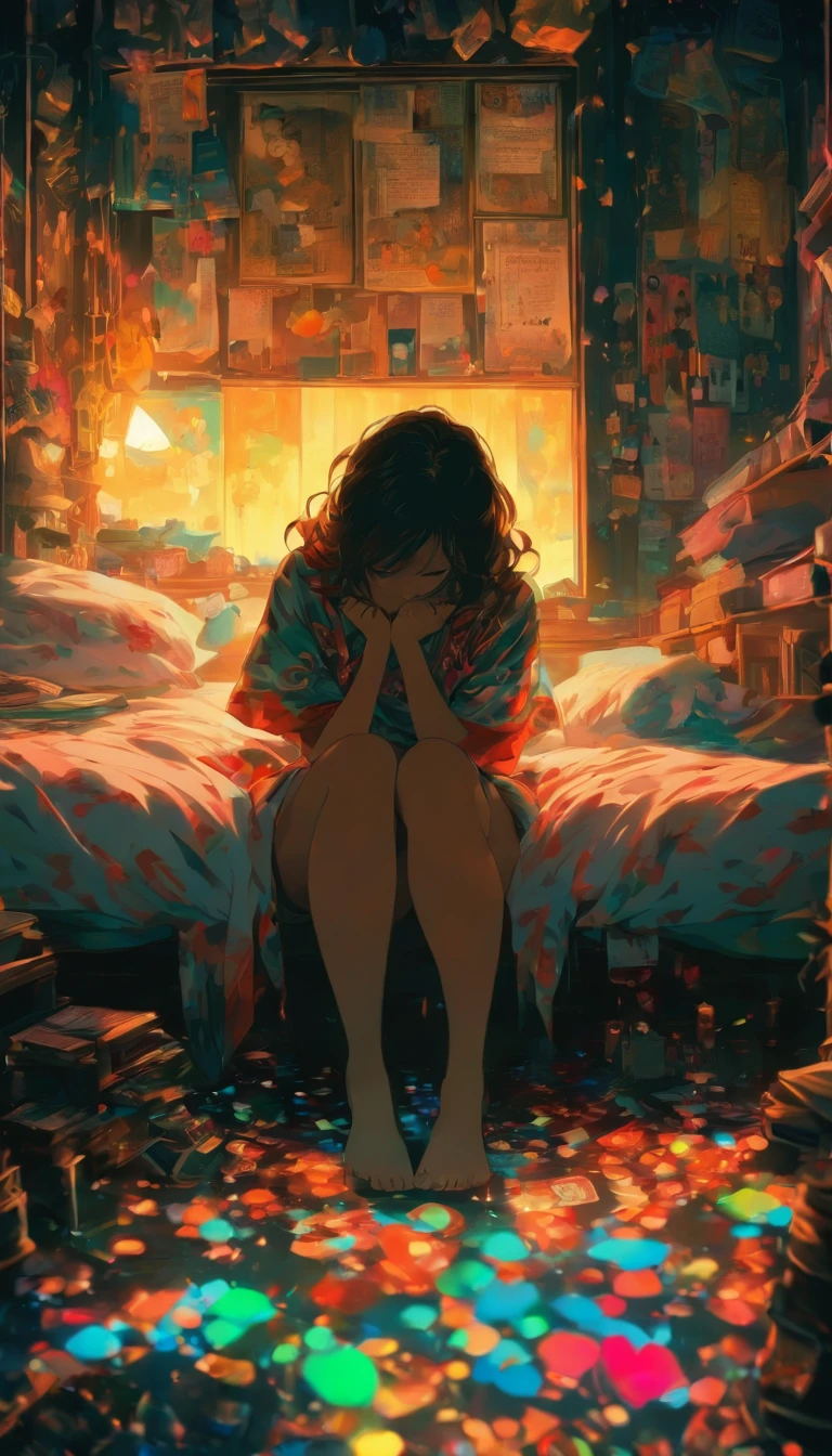 The woman is looking down. Woman cannot see her face. A woman holding her knees on a bed. A sick woman is cowering in a dark, closed-off room. The room is cluttered, with cell phones and hand mirrors on the floor. Fantastic. High quality in every detail.