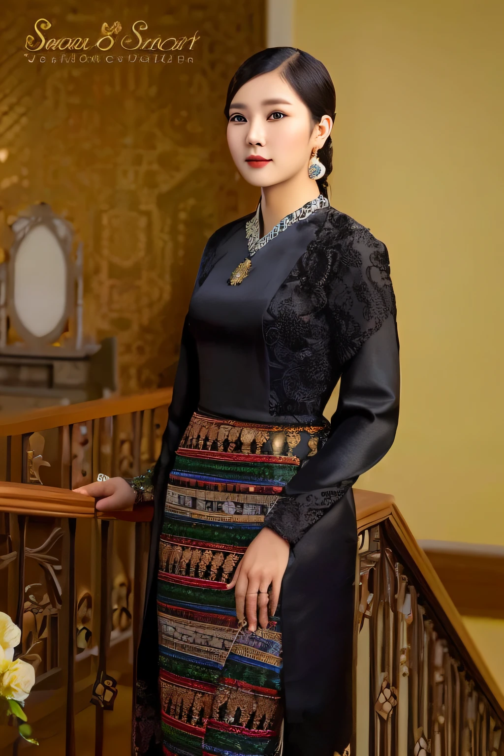 a woman in a black dress standing on a stair way, wearing an elegant tribal outfit, in style of lam manh, ao dai, wearing an ornate outfit, traditional dress, sukhothai costume, traditional beauty, traditional clothes, traditional, traditional tai costume, traditional clothing, portrait shot, nivanh chanthara, wearing ornate silk clothes