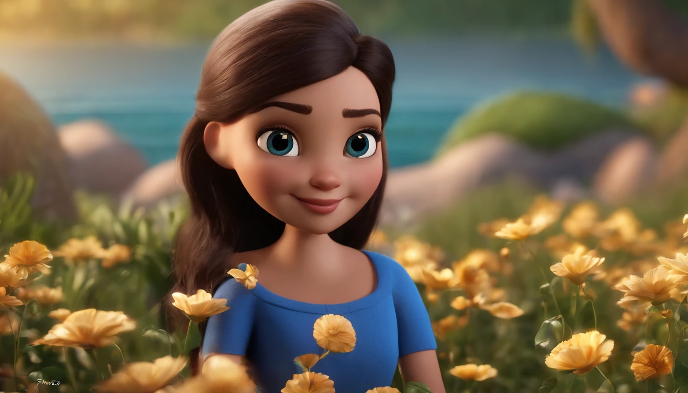 personagem dos desenhos animados de uma mulher de rosto redondo, olhos pequenos,cabelos meio grisalho,de vestido azul com flores brancas , animation character, Caractere estilizado, animation style rendering, 3D estilizado, Arnold Maya render, 3 d render stylized, toon render keyshot, Personagem 3D, Personagem 3D, 3d rendering stylized, 3 d character render, personagem de desenho animado, Personagem de close up, Pose de personagem,  (Estilo Pixar) (master part:1.2) (Bokeh) (best quality) (pele detalhada) (textura detalhada) (8k) (argila) (Cinematic lighting) (foco nítido