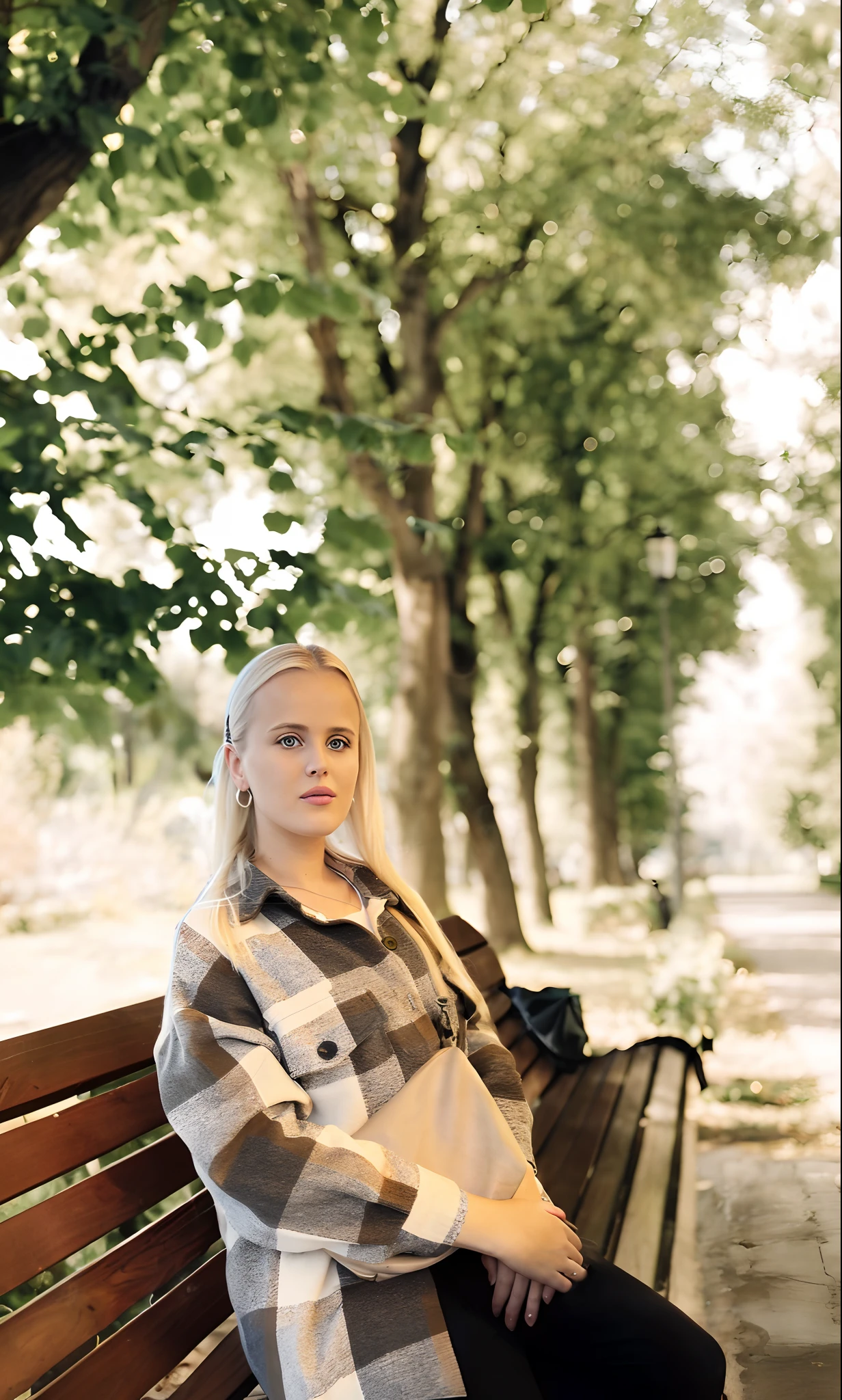 Blonde woman sitting on a bench in a park with trees, sitting on a park bench, in the city park, in park, young blonde woman, sitting on bench, Beautiful lonely girl, Young woman INFP, sitting on a bench, anna nikonova, in park, by Maksimilijan Vanka, blonde woman, beautiful image, yelena belova
