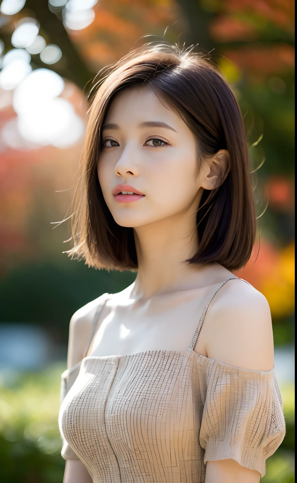 ((top-quality、8K、​masterpiece:1.3))、Perfect Body Beauty:1.4、((Light brown layered haircut))、(Autumn dresses:1.2)、Highly detailed facial and skin texture、finely eye、二重まぶた、Whitened skin、length hair、(silently:1.5)、bare shoulders​、Shoulder close-up、(Bokeh background:1.5)、Slimed、A slender、small tits、Model body type