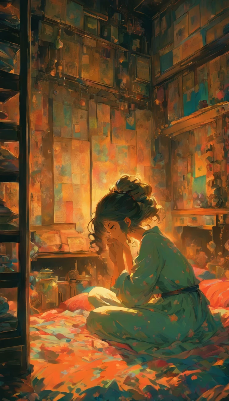 The woman is looking down. Woman cannot see her face. A woman holding her knees on a bed. A sick woman is cowering in a dark, closed-off room. The room is cluttered, with cell phones and hand mirrors on the floor. Fantastic. High quality in every detail.