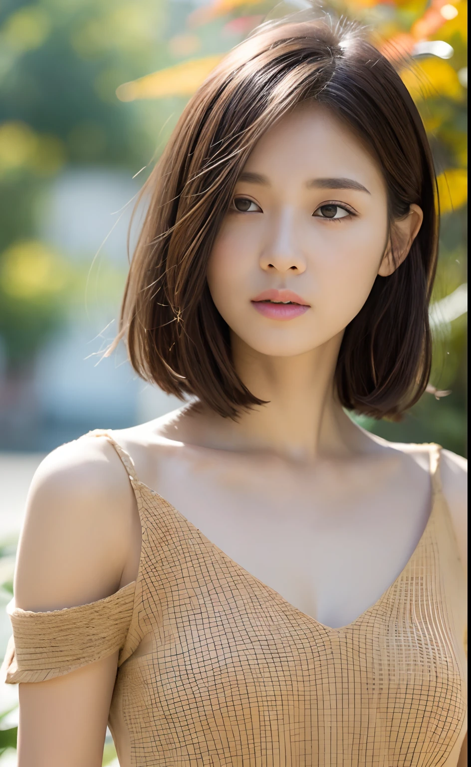 ((top-quality、8K、masterpiece:1.3))、Perfect Body Beauty:1.4、((Light brown layered haircut))、(Autumn dresses:1.2)、Highly detailed facial and skin texture、finely eye、二重まぶた、Whitened skin、length hair、(silently:1.5)、bare shoulders、Shoulder close-up、(Bokeh background:1.5)、Slimed、A slender、small tits、Model body type