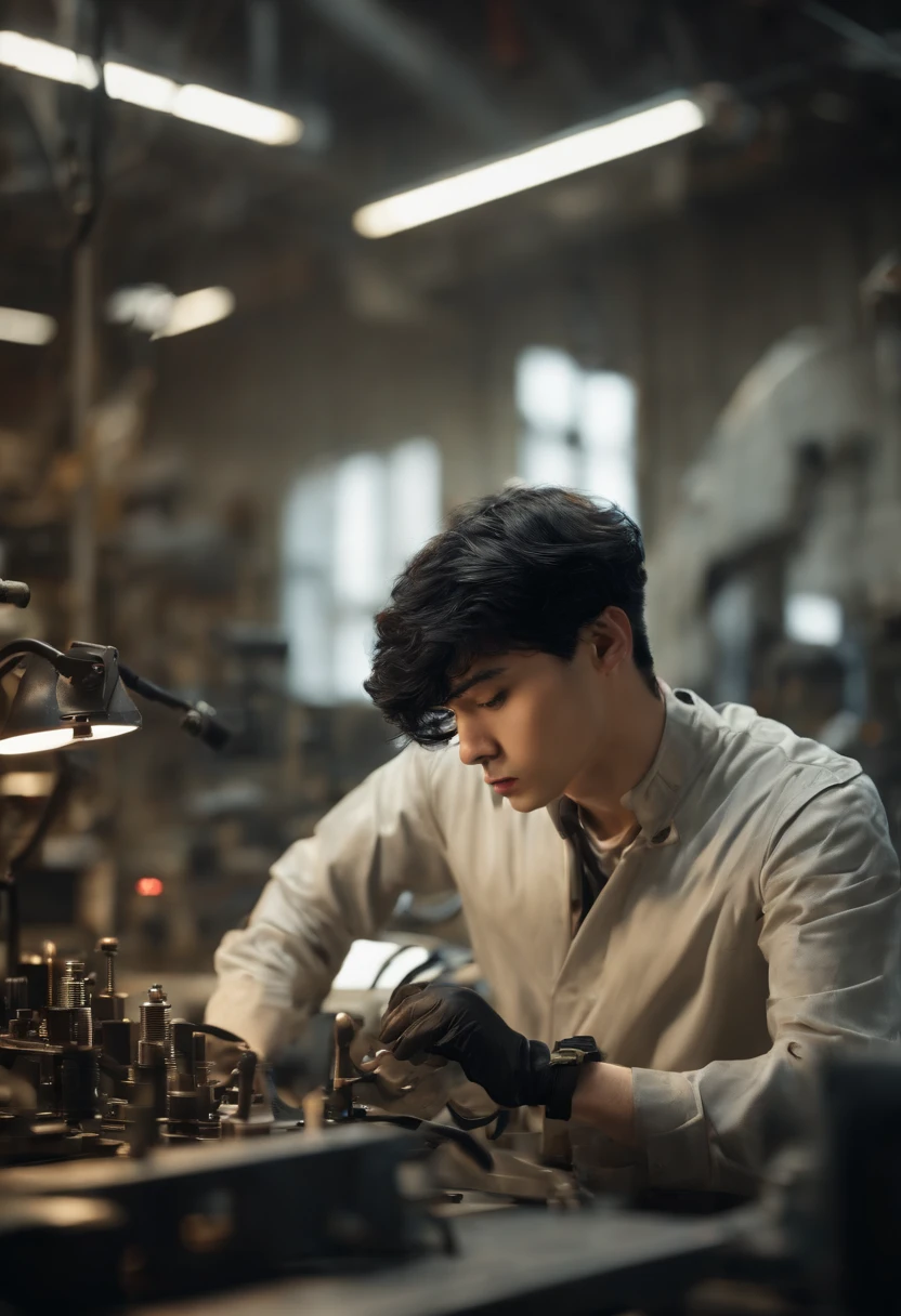 absurd resolution, high resolution, (master part: 1.4), hiper-detalhe, messy short black hair of young man, soldador vestido, factory high-tech workbench, tela tech-sense
