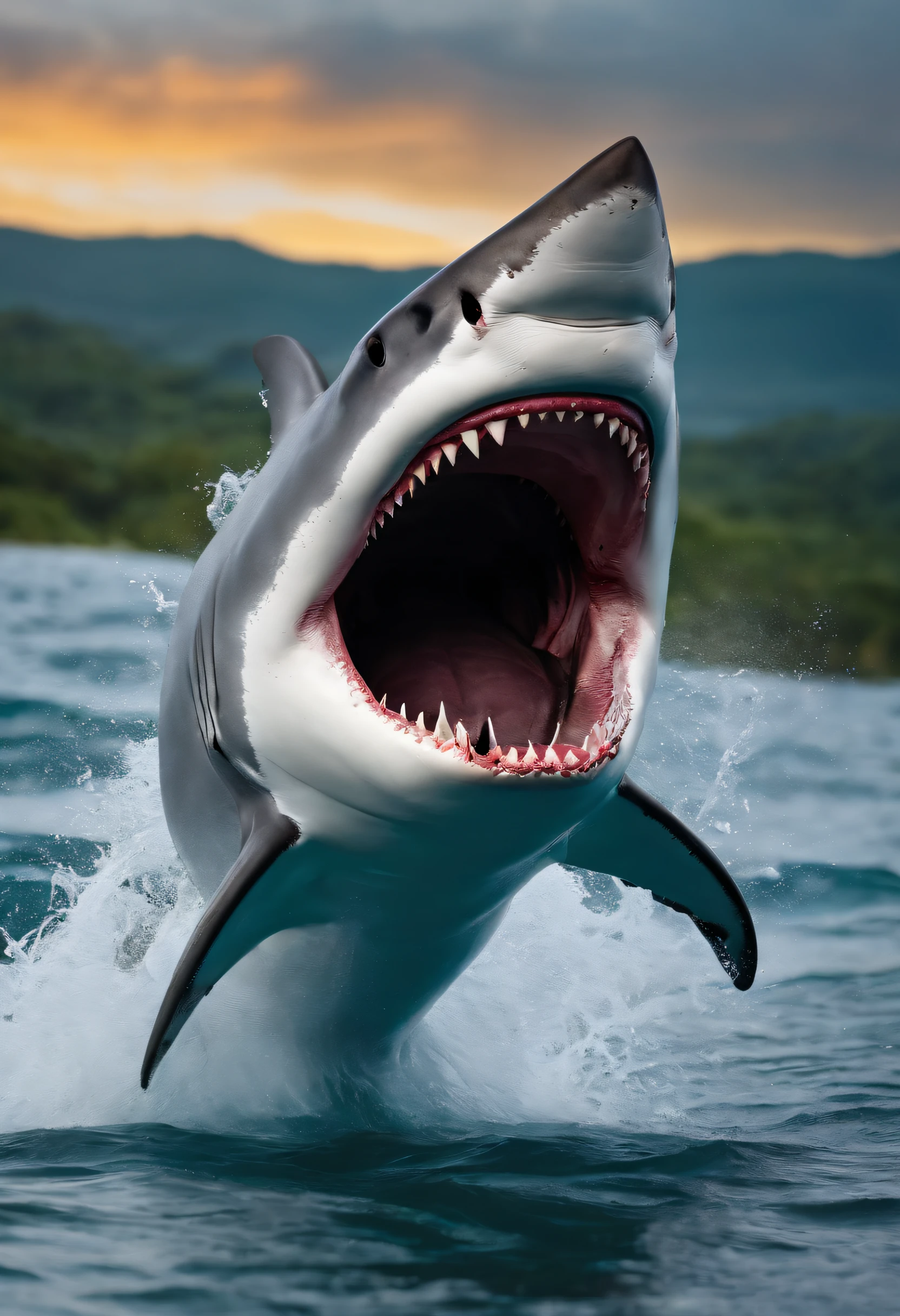 Sharks jumping out of the water,with a huge mouth open,dentes pontiagudos,ferocious,Splashes,