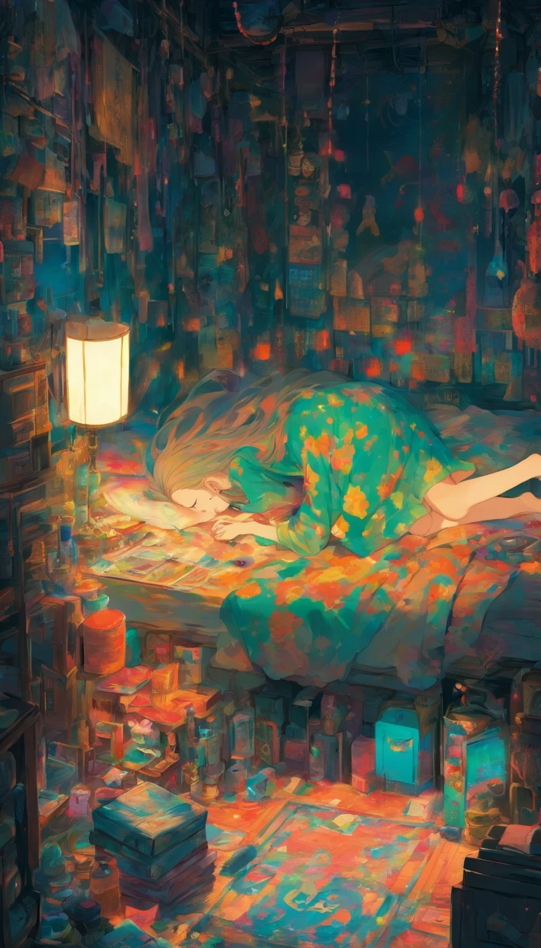 The woman is looking down. Woman cannot see her face. A woman holding her knees on a bed. A sick woman is cowering in a dark, closed-off room. The room is cluttered, with cell phones and hand mirrors on the floor. Fantastic. High quality in every detail.
