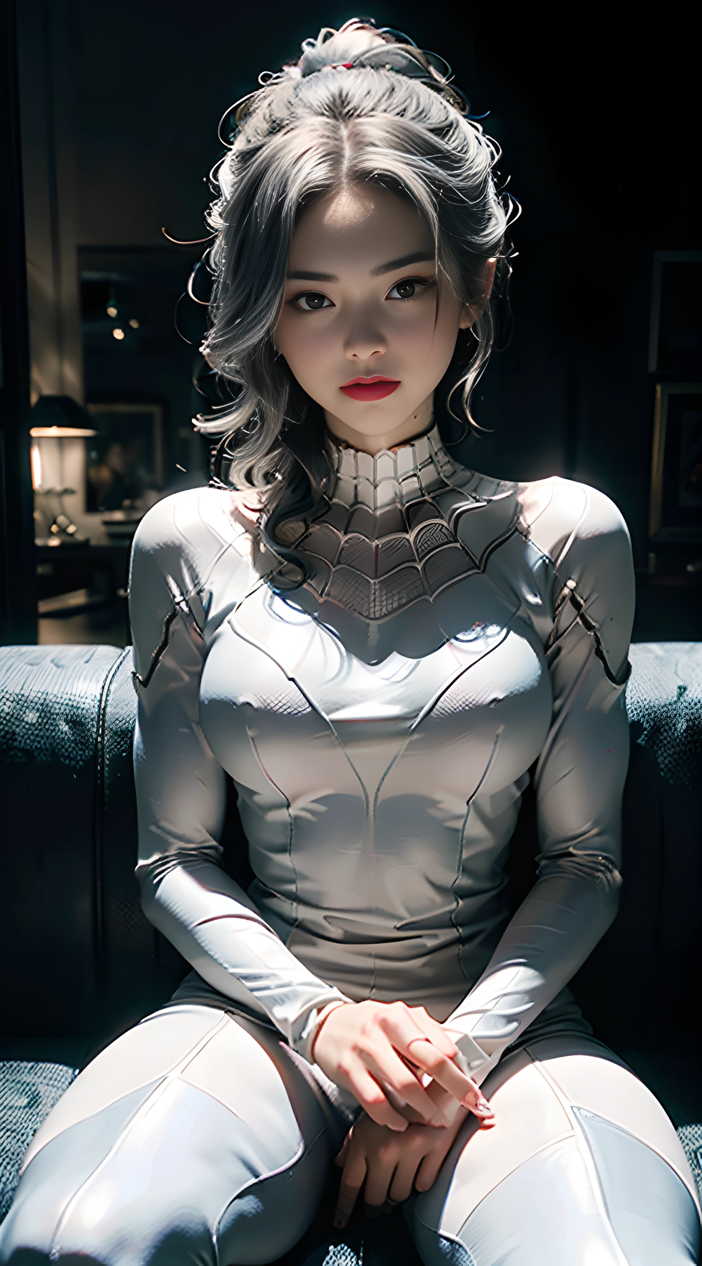 (Extreme Detail CG Unity 8K wallpaper, masterpiece, highest quality), (Exquisite lighting and shadow, highly dramatic picture, Cinematic lens effect), a girl in a white Spider-Man costume, silver gray hair color, from the Spider-Man parallel universe, Wenger, Marvel, Spider-Man, sitting on the couch, dynamic pose), (excellent detail, excellent lighting, wide angle), (excellent rendering, enough to stand out in its class), focus on white Spider-Man costumes, complex spider textures