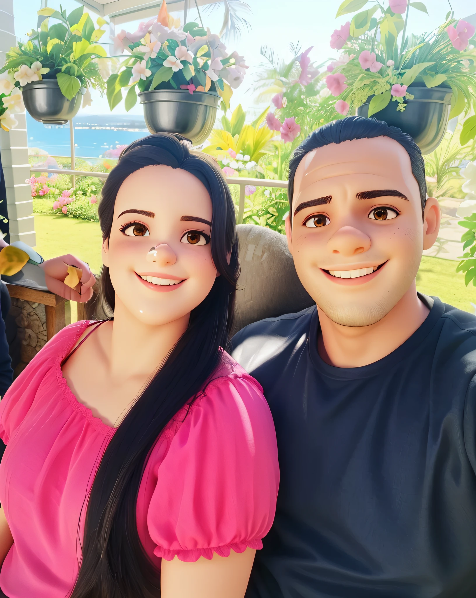 casal sentado num banco de jardim, os dois sorrindo, ela de vetido rosa, ele de camisa preta, ela de cabelo preto longo e solto, ele cabelo curto, sem bbarba , ao fundo varias flores e plantas
