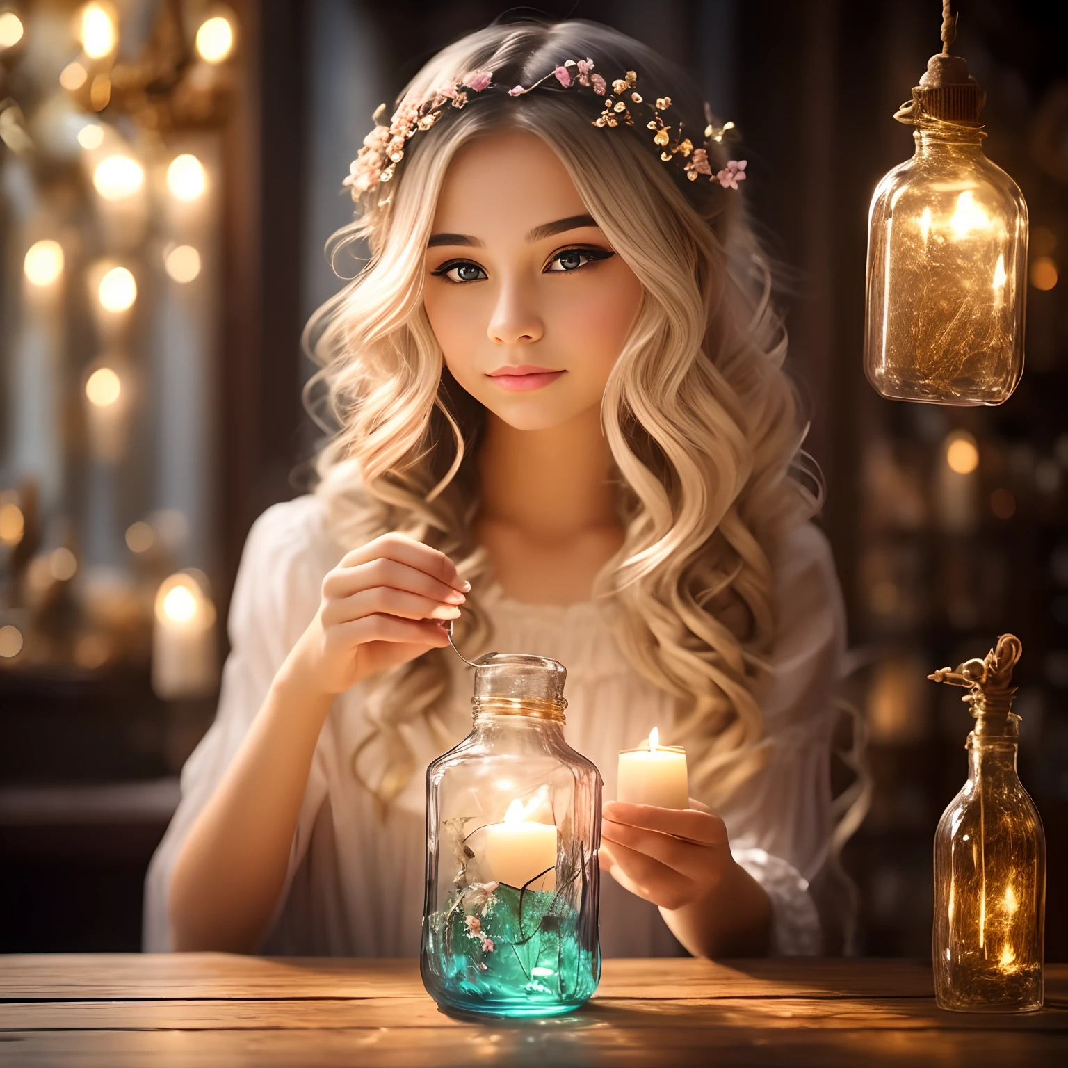 a transcendent beautiful girl having the wonderful magical potion which gives eternal youth and beauty in her hands, the potion is brightly shining in a small antique bottle, the girl is neat and thoughtful, gentle and intelligent, pure and innocent, noble and elegant, mischievous and charming