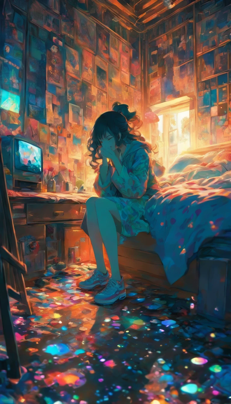 A cell phone and hand mirror are on the floor. The woman is looking down. Woman cannot see her face. A woman holding her knees on a bed. A dark, closed room. The room is cluttered. Fantastic. High quality in every detail.