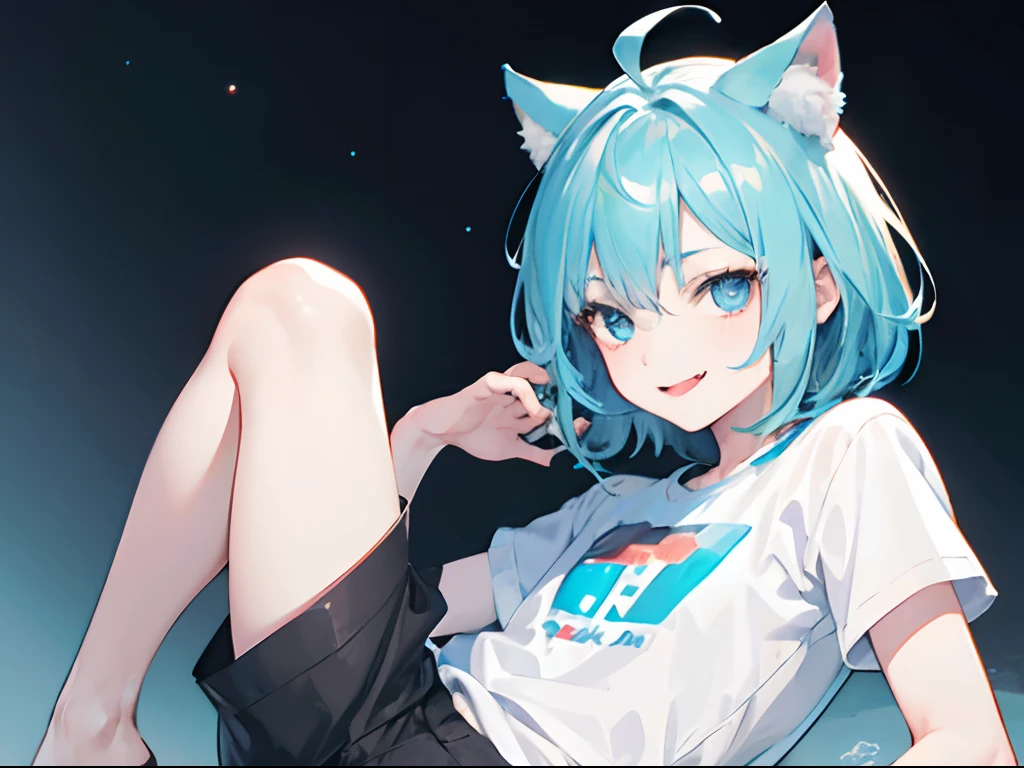 (Best quality, A high resolution:1.2), (Realistic:1.37), Comic style, Portrait, Boy, White short-sleeved shirt, Black shorts, Pale light blue hair, ahoge, Expressive hairstyle, Blue eyes, teal eyes, Cat ears, easy smile, Laughing, Joyful, Charming smile, Tongue sticking out, Shallow depth of field, Comic book style, Illustration at the back, Correct anatomy, high resolution, Highly detailed, Vivid colors, star-filled background, pondering, Chatting, anime, Ray tracing, Negative space, foot out of frame