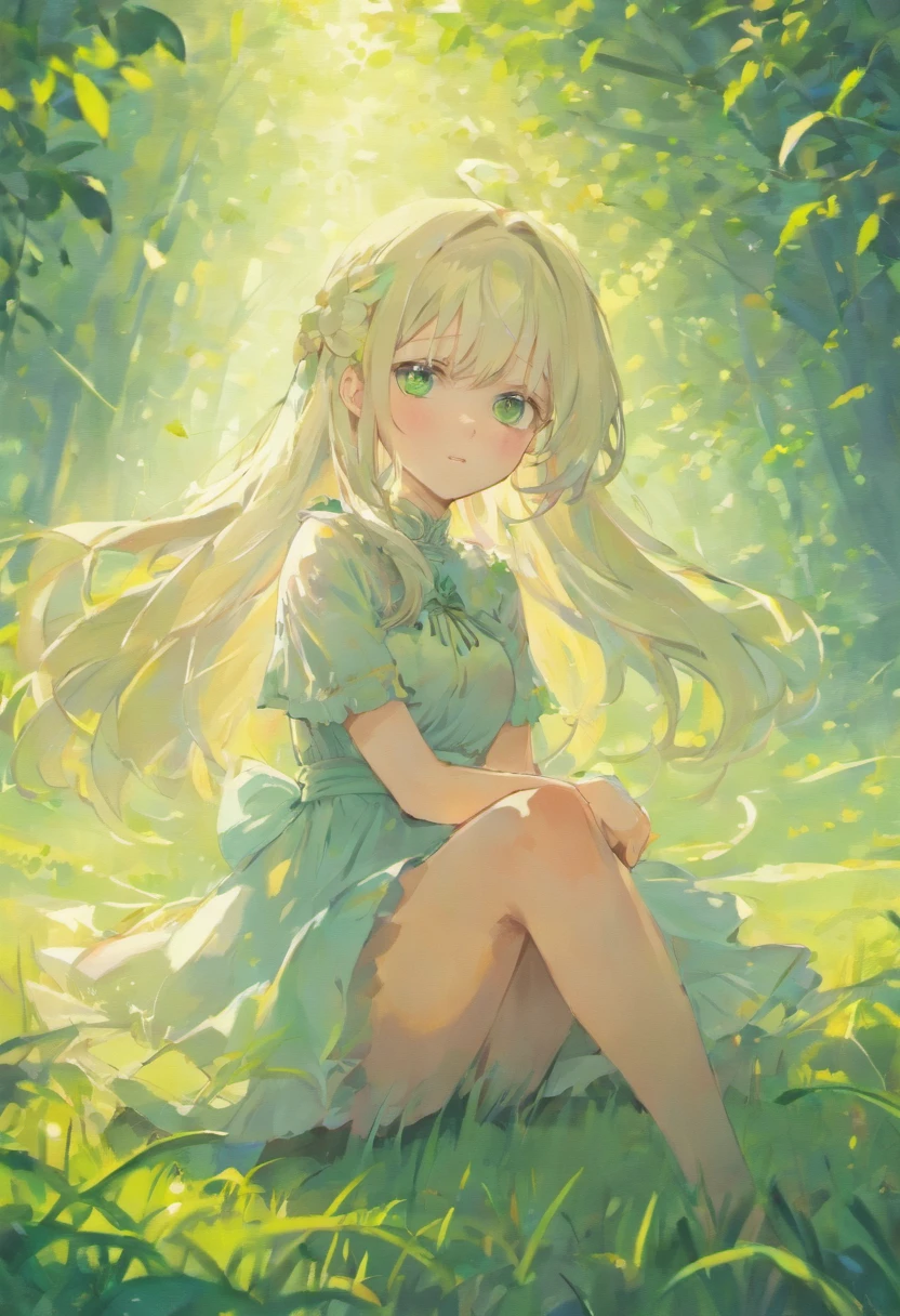 (Masterpiece), (best quality) a girl with a lovely face, long white hair, green eyes, white eyelashes, wear a short dress, sitting in a field, clear blue sky.