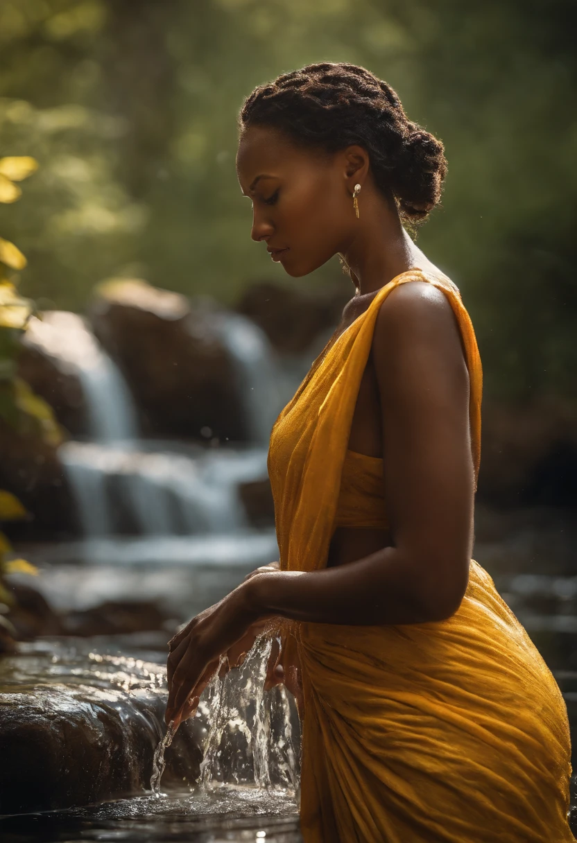 (black woman,wearing yellow African clothes,taking a bath in a waterfall,with a beautiful mirror in her hands,)
(best quality,4k,8k,highres,masterpiece:1.2),ultra-detailed,(realistic,photorealistic,photo-realistic:1.37),HDR,UHD,studio lighting,ultra-fine painting,sharp focus,physically-based rendering,extreme detail description,professional,vivid colors,bokeh
(portraits,landscape)
(yellow, vibrant colors, vivid tones), (soft, warm sunlight)
In this stunning artwork, a black woman is depicted immersed in the beautiful natural surroundings of a waterfall. She is wearing vibrant yellow African clothes, adding a pop of color to the scene. The woman stands gracefully under the cascading water, enjoying the refreshing sensation as she takes a bath. Her hands hold a stunning mirror, reflecting her beauty and the surrounding landscape.
The artwork is created with the utmost attention to detail and quality. It boasts the highest resolution possible, offering a visual feast that is fit for a masterpiece. The image is incredibly realistic, with every aspect meticulously rendered to achieve photorealism. The use of HDR and UHD technology further enhances the visual experience, bringing out the finest details in the artwork.
The lighting in the artwork is carefully designed to create a mesmerizing effect. Soft, warm sunlight illuminates the scene, casting a gentle glow on the woman's face and emphasizing her natural beauty. Studio lighting techniques are employed to ensure that every element of the artwork is highlighted with precision. The result is an ultra-fine painting that captivates viewers with its lifelike quality and exquisite craftsmanship.
The overall composition of the artwork is reminiscent of a portrait, with the woman serving as the central focus. However, the surrounding landscape adds a touch of grandeur to the piece, turning it into a breathtaking landscape artwork as well. The combination of these two genres creates a harmonious blend that showcases the