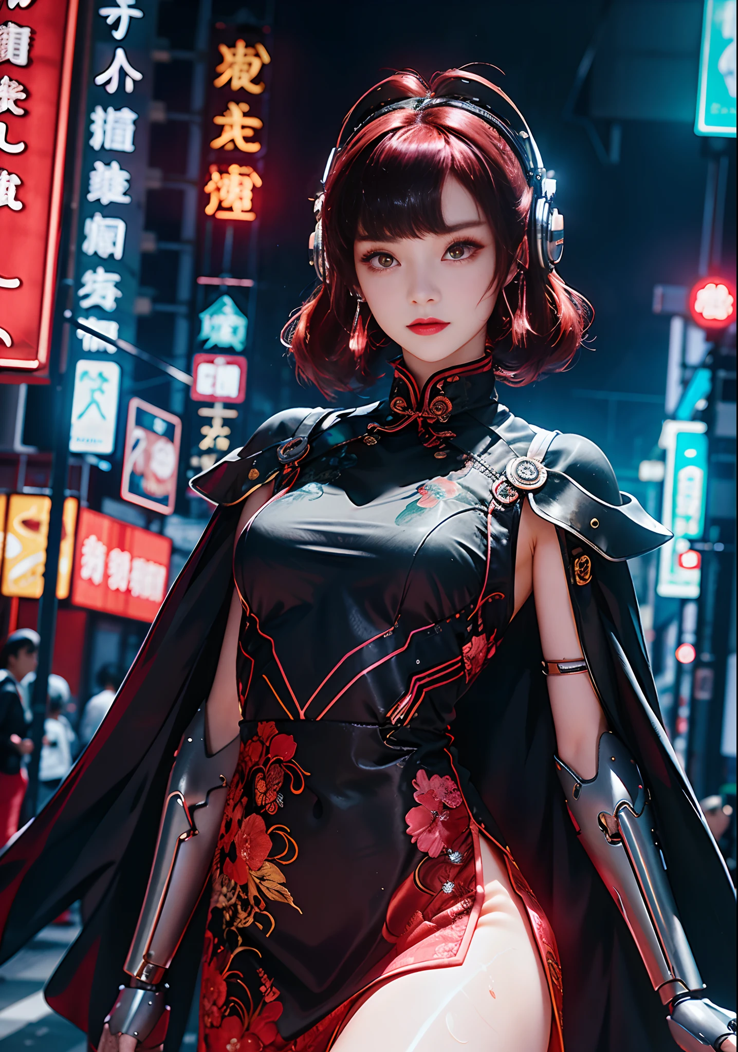 1 girl, Chinese_clothes, metallic black titanium and pink, cyberhan, cheongsam, cyberpunk city, dynamic pose, detailed luminescent headphones, luminous hair accessories, long hair, luminous earrings, glowing necklace, cyberpunk, high-tech city, full of mechanical and futuristic elements, futuristic, technology, glowing neon, pink, pink light, sexy skirt, translucent black cape, laser light, digital background urban sky, big moon, with vehicle, best quality, masterpiece, 8K, Character edge light, super high detail, high quality, the most beautiful woman in human beings, smile, face facing front and left and right symmetry, ear decoration, long antenna glow, beautiful pupils, light effects, visual data, silver-red-orange hair dyed hair, ultra-detailed facial texture, happy, weapon system, crowded street passers-by, mecha style, head-mounted luminous antenna, injector
