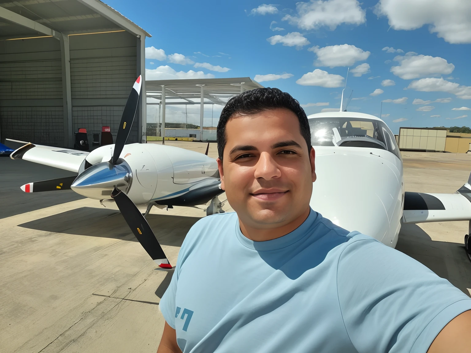 Arafed man standing in front of a small plane in a hangar, em pilotos, icaro carvalho, Tiro em GoPro9, selfie shot straight on angle, Assumido em Go Pro Hero8, Foto POV, imagem frontal, tirado no iphone 14 pro, Fotografia selfie 8k, selfie de um homem, tirado no iphone 1 3 pro