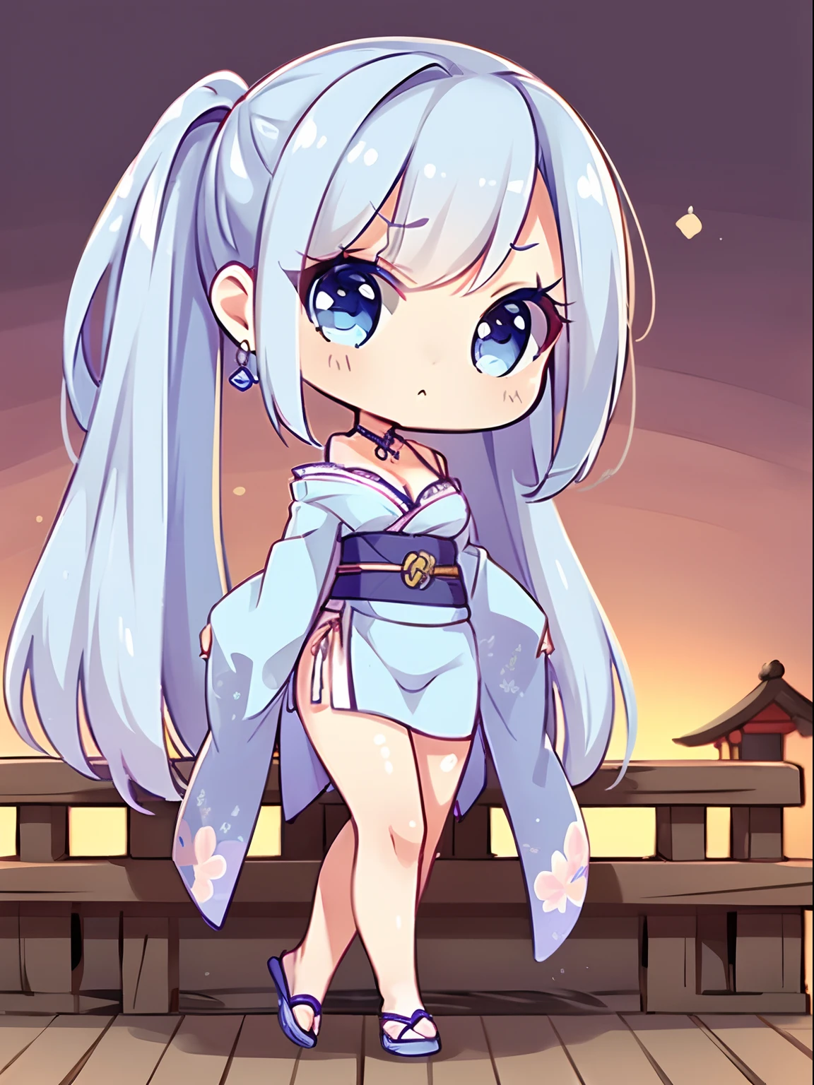 High quality, beautiful girl, mature, beautiful silver hair, ponytail, long hair, bangs, Russian style beautiful girl, beautiful legs, taut and beautiful breasts, taut and beautiful buttocks, beautiful ass, light blue eyes, Japanese high school girl, female character sitting on wooden stairs next to lake 1 girl, breasts, cleavage, solo, Japanese clothes, choker, earrings, jewelry, kimono, light blue kimono, bangs, collarbone, floral design, sunset, a very cute and beautiful chibi anime girl, simple flat background, full body, standing, highly detailed face and eyes, clearly outlined, solo