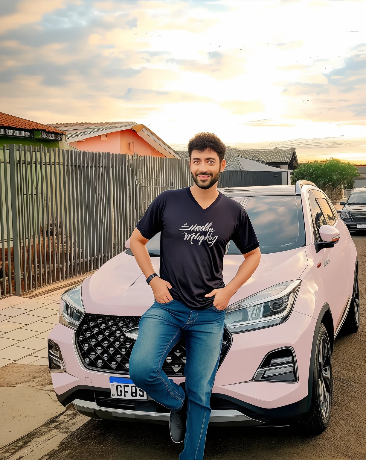 A businessman looking at a dream project leaning against a pink car inspired by Pixar animation, de perto. The character takes center stage with captivating facial expressions, oferecendo um toque de irrealidade