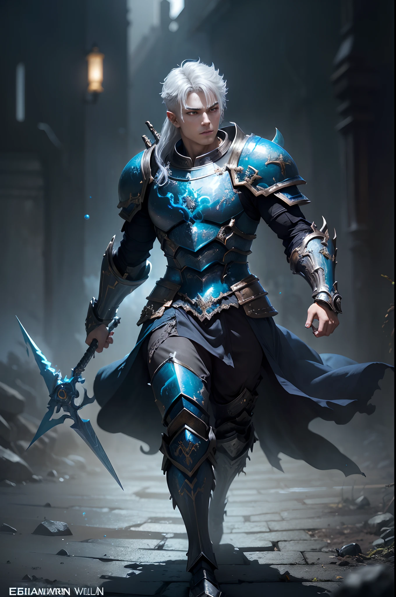 Boys in 8K resolution(Esbian Full Body:1.3)image、Dense face、Precise eyes、skin tanned、splashart、Great cartoon style、Realistic appearance and youth、Anatomical Digital Painting(flourishing:1.3)a portrait of a young man(flourishing:1.3)Blue and white complex(heavily armored:1.3)And short gray hair.(Dark and moody universe:1.3)、Black Fabric,light Particle、good complexion、Demon Slayer、Very detailed eyes.、 (Elden Ring Style:1.1)、(warhammer style:1.3)、Concept Artist、globalillumination、Deep Depth Of Field、splashart、art by:ArtGerm、by Greg Rutkowsky、viktoria gavrilenko,There is a very large sword.Middle Eastern Skin Colors