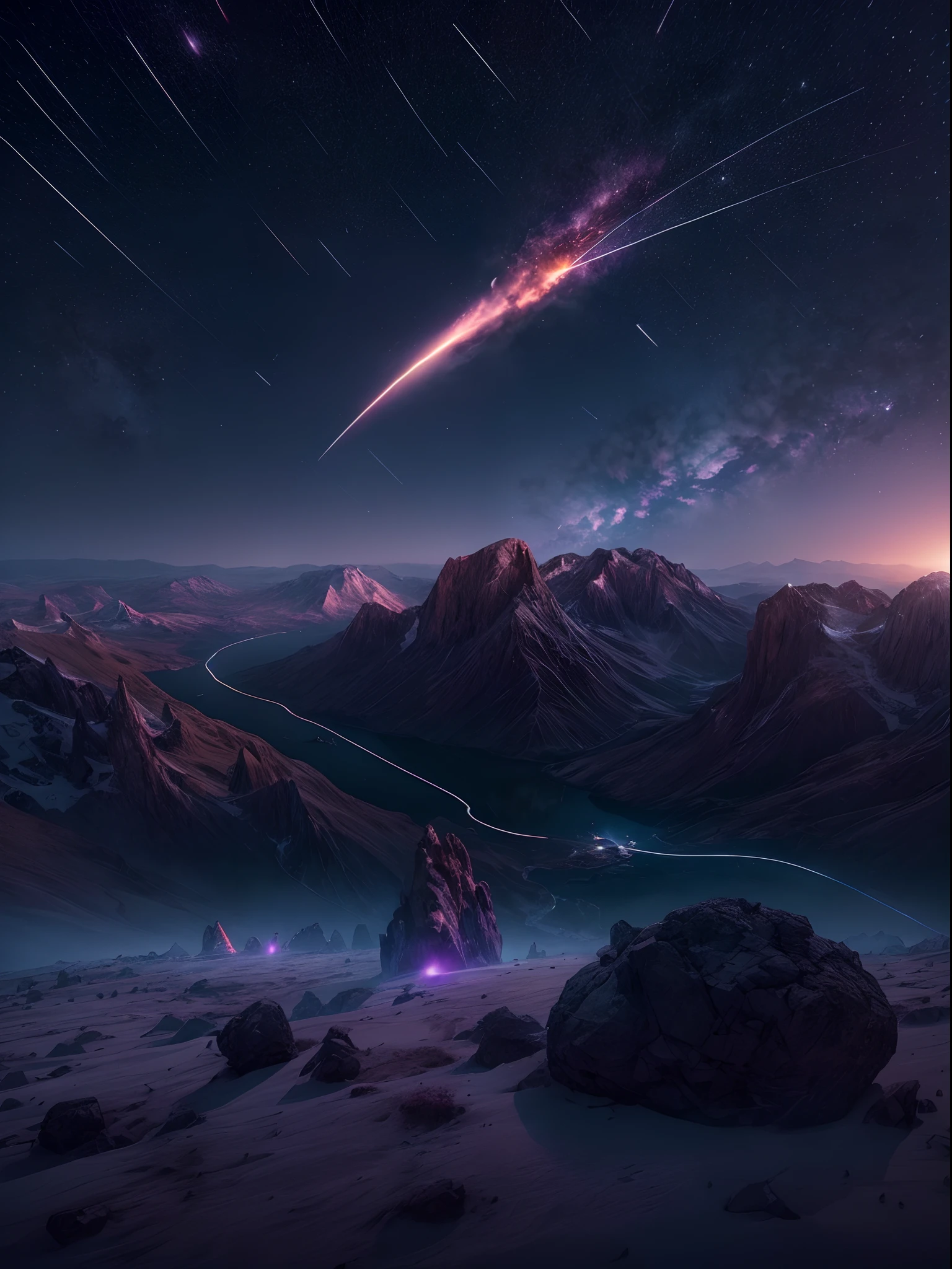 Create a breathtaking cinematic scene featuring a meteor hurtling through the night sky. Capture the awe-inspiring moment as it illuminates the darkness and evokes a sense of wonder and mystery. Use colors, composition, and lighting to transport viewers to this celestial spectacle