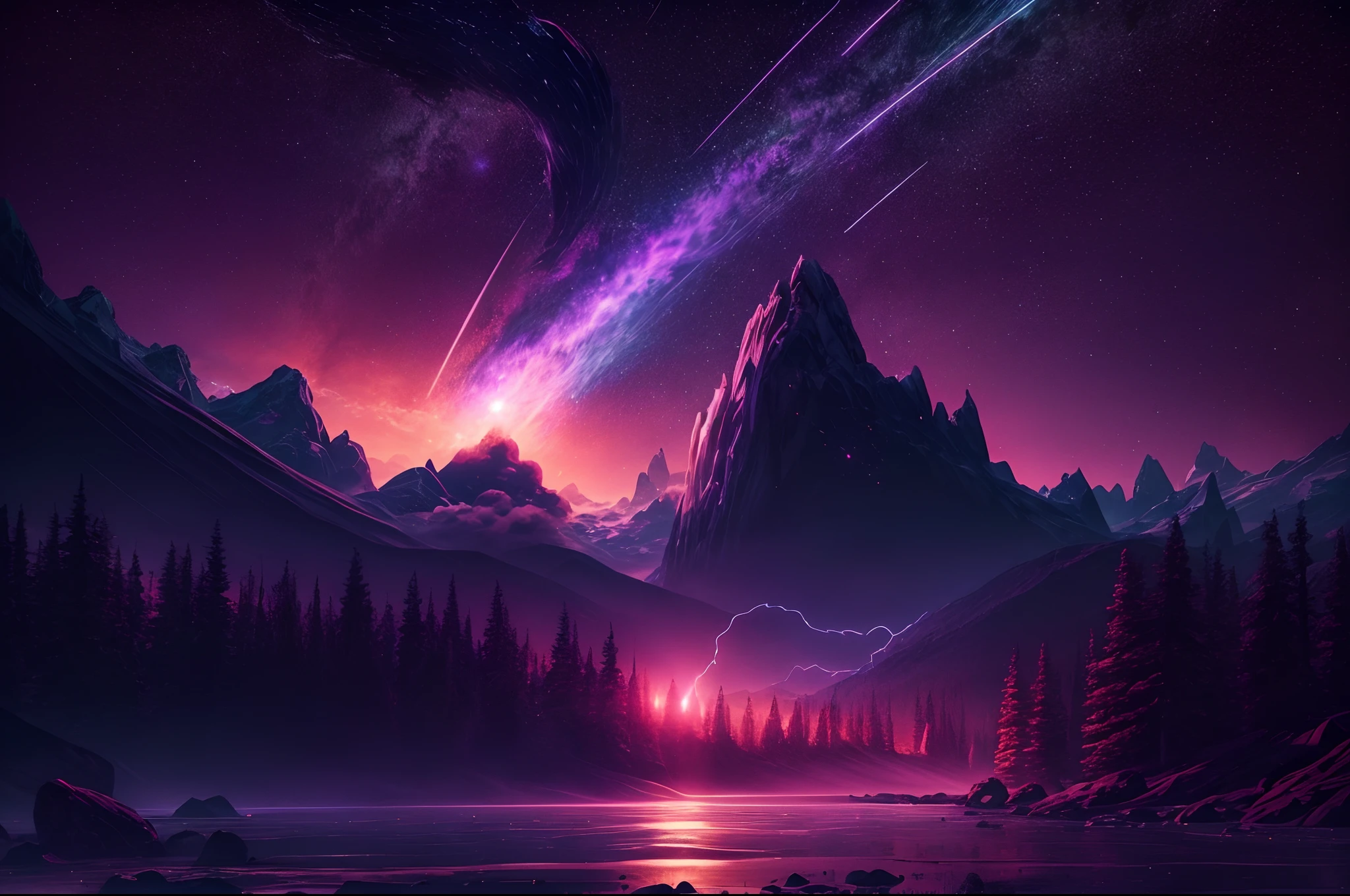 Create a breathtaking cinematic scene featuring a meteor hurtling through the night sky. Capture the awe-inspiring moment as it illuminates the darkness and evokes a sense of wonder and mystery. Use colors, composition, and lighting to transport viewers to this celestial spectacle