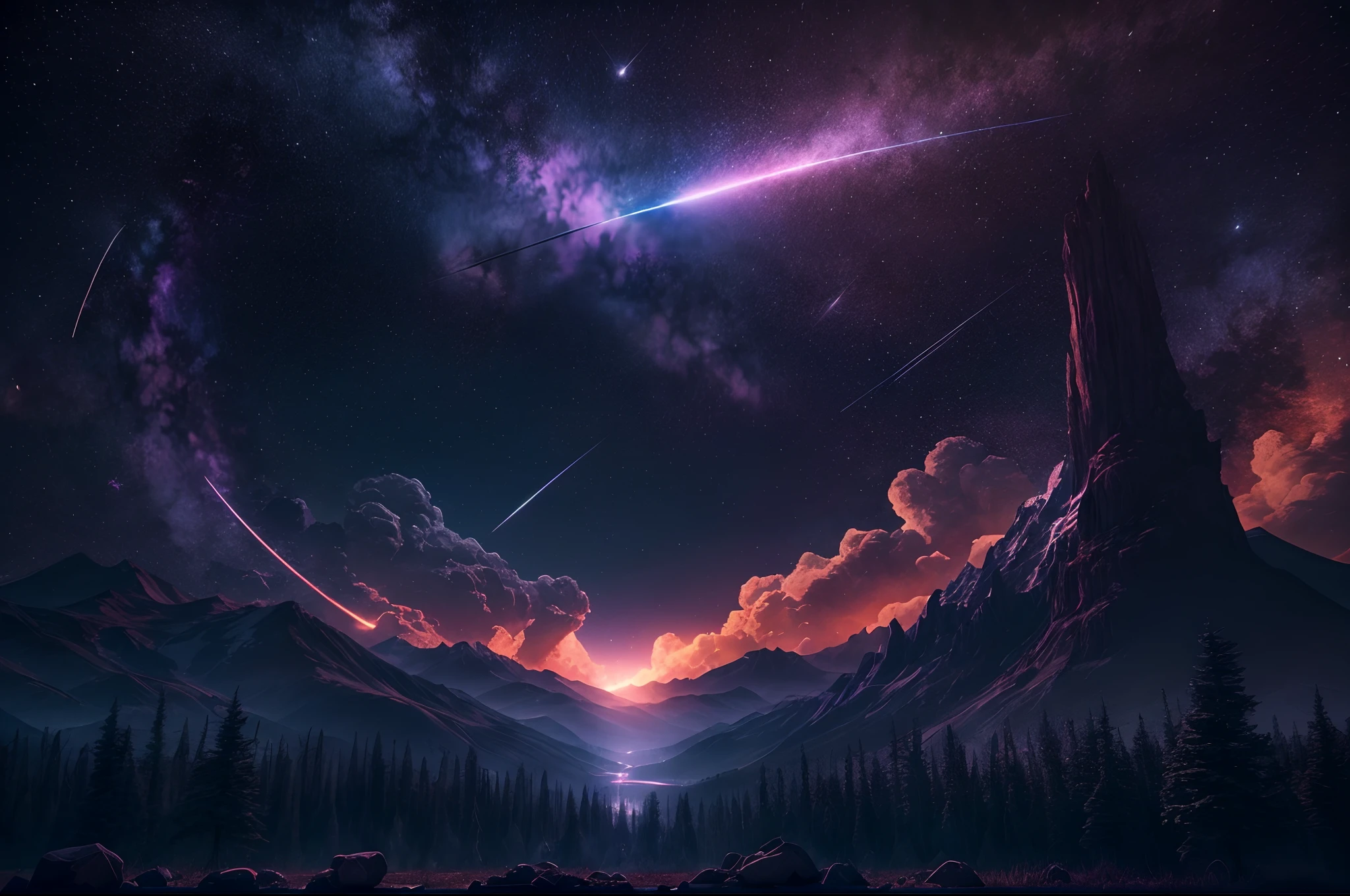 Create a breathtaking cinematic scene featuring a meteor hurtling through the night sky. Capture the awe-inspiring moment as it illuminates the darkness and evokes a sense of wonder and mystery. Use colors, composition, and lighting to transport viewers to this celestial spectacle