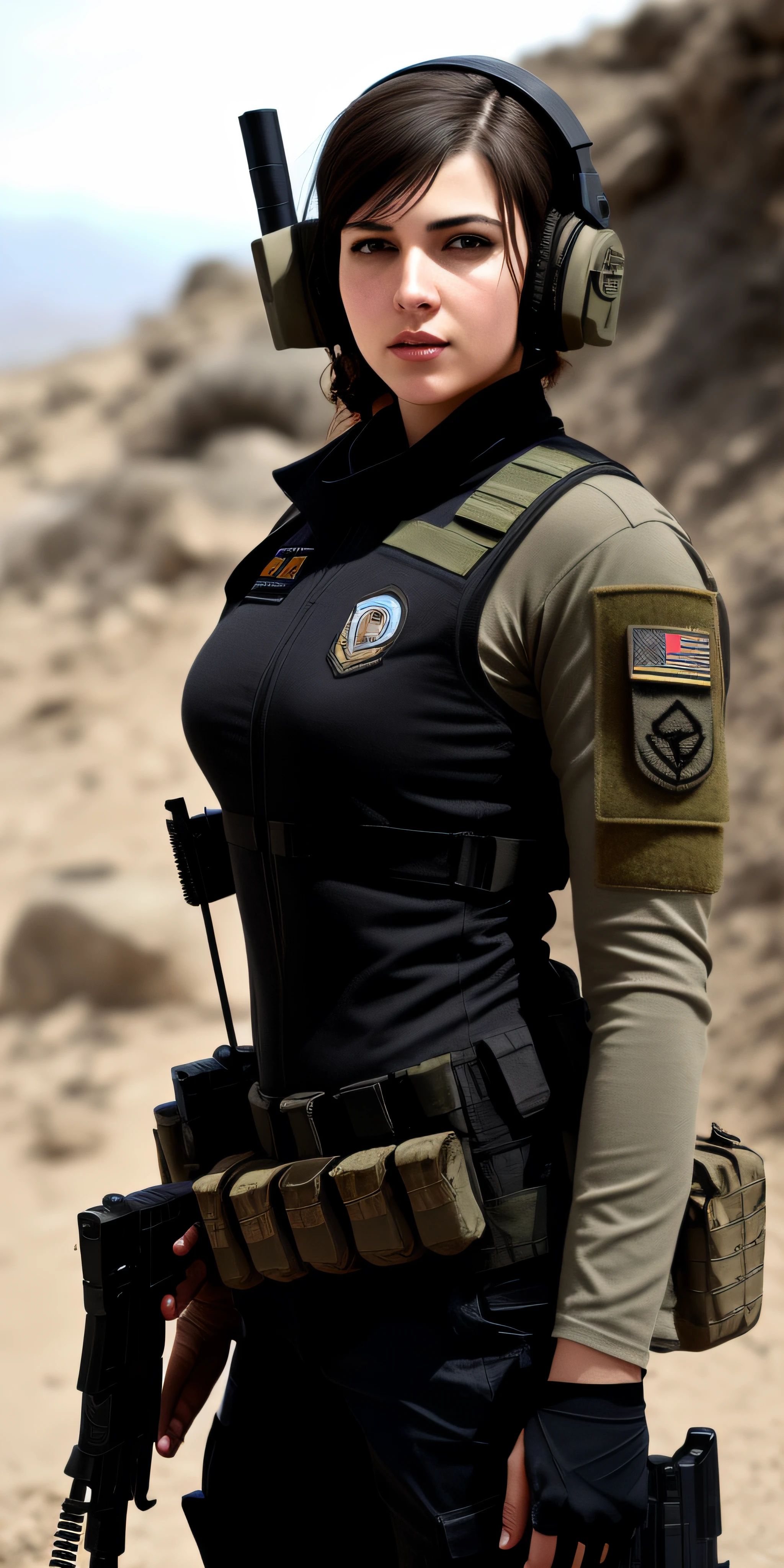 a woman in a black outfit holding a rifle and wearing headphones, soldier girl, mechanized soldier girl, military girl, beautiful female soldier, female lead character, infantry girl, of a sniper girl in war, solo female character, future combat gear, close up half body shot, quiet from metal gear solid v, wearing tactical gear, dressed in tactical armor