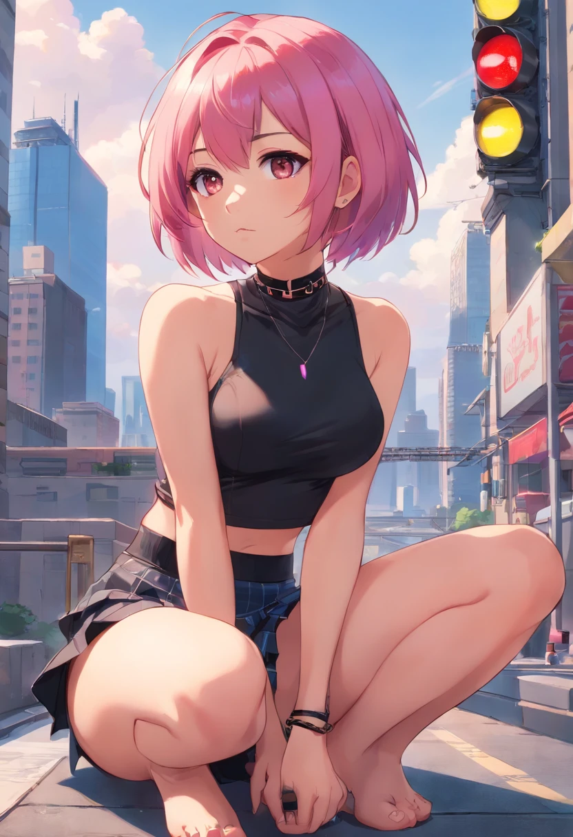 A woman with pink hair and a black shirt sits on her knees on a city street,Barefoot,The toes are round and cute,Traffic lights in the background, Art germ, Anime art, Cyberpunk art of a, Photorealism, 1girll, bangs, Bare_bshoulders, black_choker necklace, Breasts, bridge, brown_Eyes, Building, choker necklace, City, Cityscape, crop_Top, jewelry, Looking_at_peeping at the viewer, Makeup, midriff, navel, necklace, Pink_Hair, short_Hair, side-tie_Panties, Sitting, Skirt, skyscraper, Solo, tanks_Top
