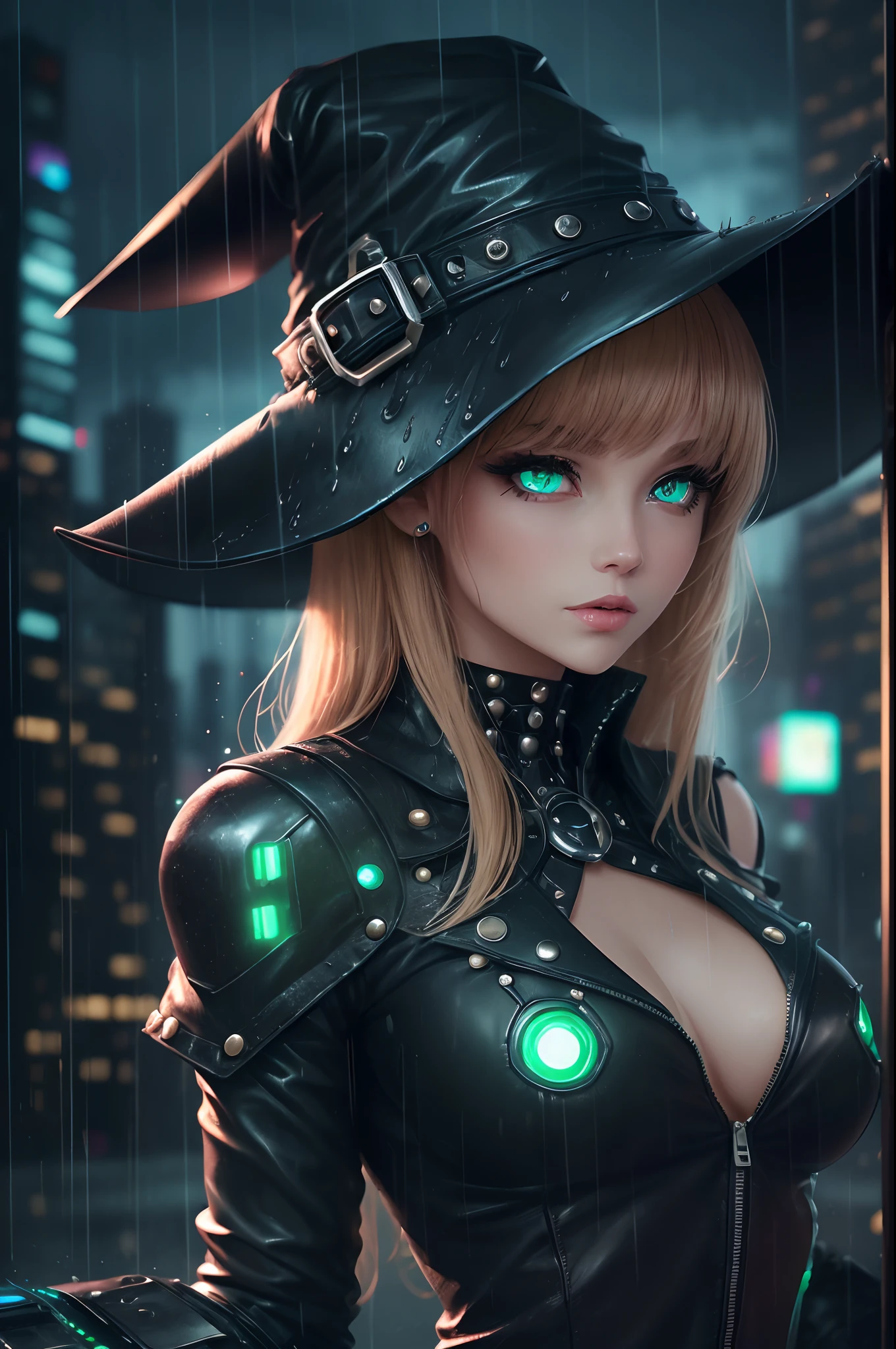 Witch girl. Sexy figure. Oval shaped face. Peach colored skin. (Eyes with downturned corners, close-set, honey-colored). The lips are big. Makeup in dark colors. (Shoulder-length hair, straight, green, bangs). Witch hat. Leather clothes. (Black cat robot).((Cyber ​​Punk. Future world. Rain. At night. On top of a skyscraper)). detailed, scene, sci-fi. --auto --s2