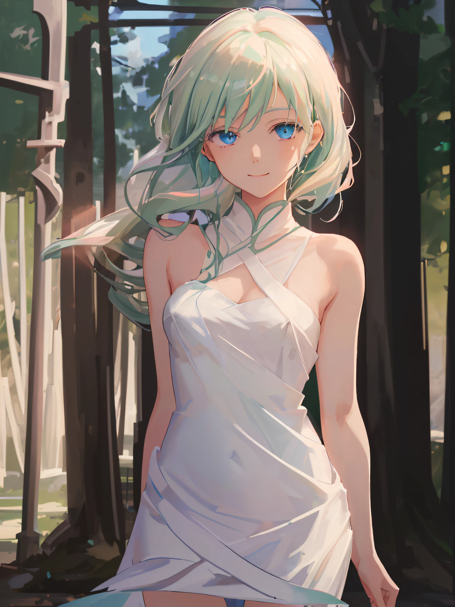 Pastel green hair、Formal Dresses、Light blue eyes、swordsmen、stright long hair、styles、animesque、ssmile、s Armor