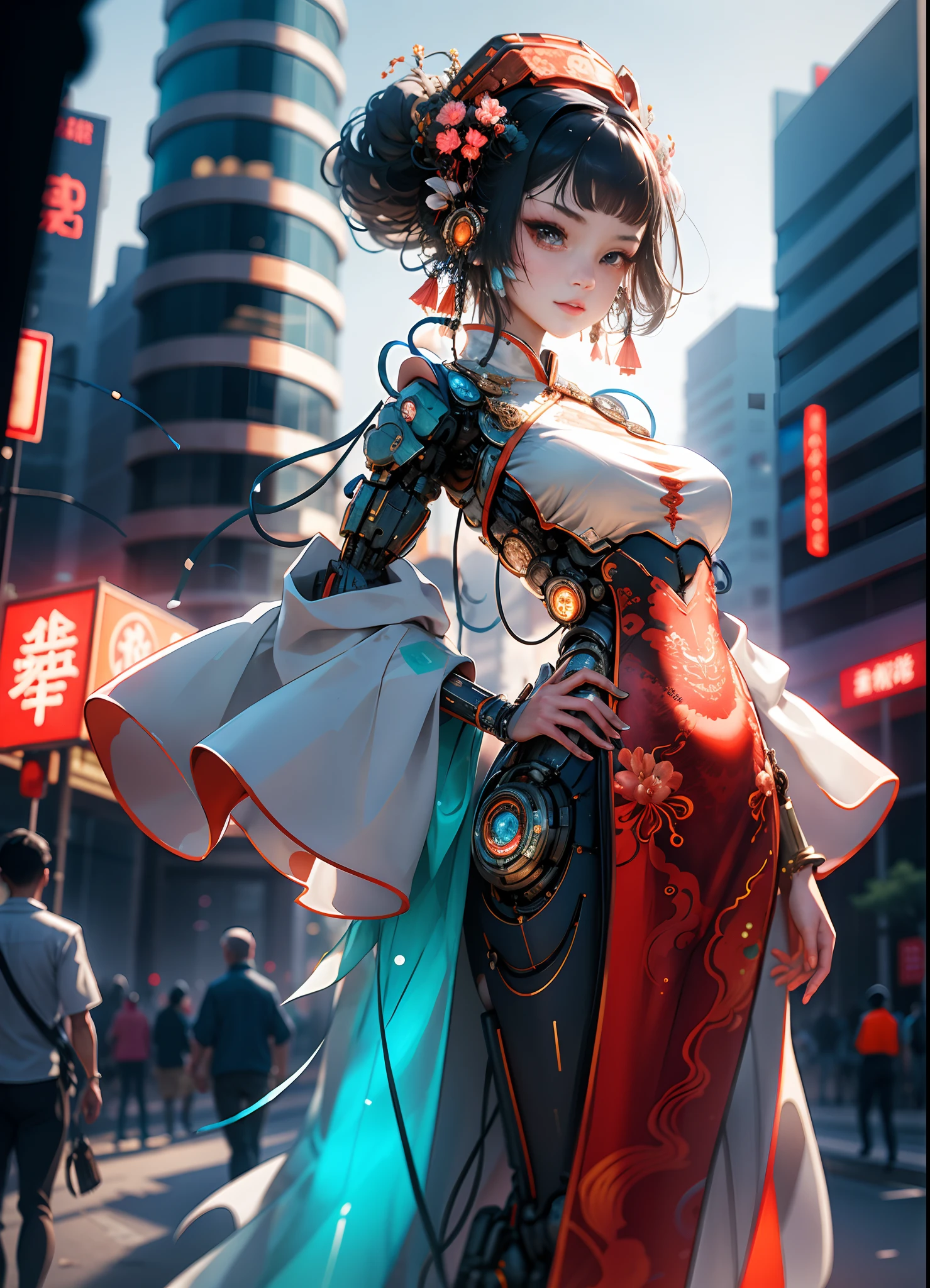 A girl, full body, clear facial features, amazing facial features, beautiful eyes, ancient Chinese costumes, Chinese cyberpunk, cyberpunk city headwear, hair accessories, super complex design, mechanical mecha, technology, stunning lighting, C4D, OC rendering, cinematic edge light, fine light, masterpiece, super detail, epic composition, ultra HD, high quality, 32k