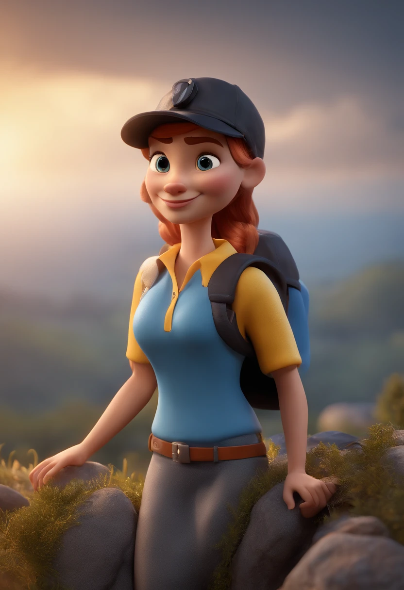 Cartoon character of a woman with black cap and a blue shirt, animation character, Caractere estilizado, animation style rendering, 3D estilizado, Arnold Maya render, 3 d render stylized, toon render keyshot, Personagem 3D, Personagem 3D, 3d rendering stylized, 3 d character render, personagem de desenho animado, Personagem de close up, Pose de personagem,  (Estilo Pixar) (master part:1.2) (Bokeh) (best quality) (pele detalhada) (textura detalhada) (8k) (argila) (Cinematic lighting) (foco nítido