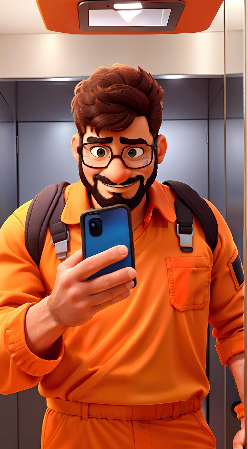 Um homem forte de 40 anos com barba curta, wearing orange jumpsuit taking a photo with an iPhone in an elevator mirror.