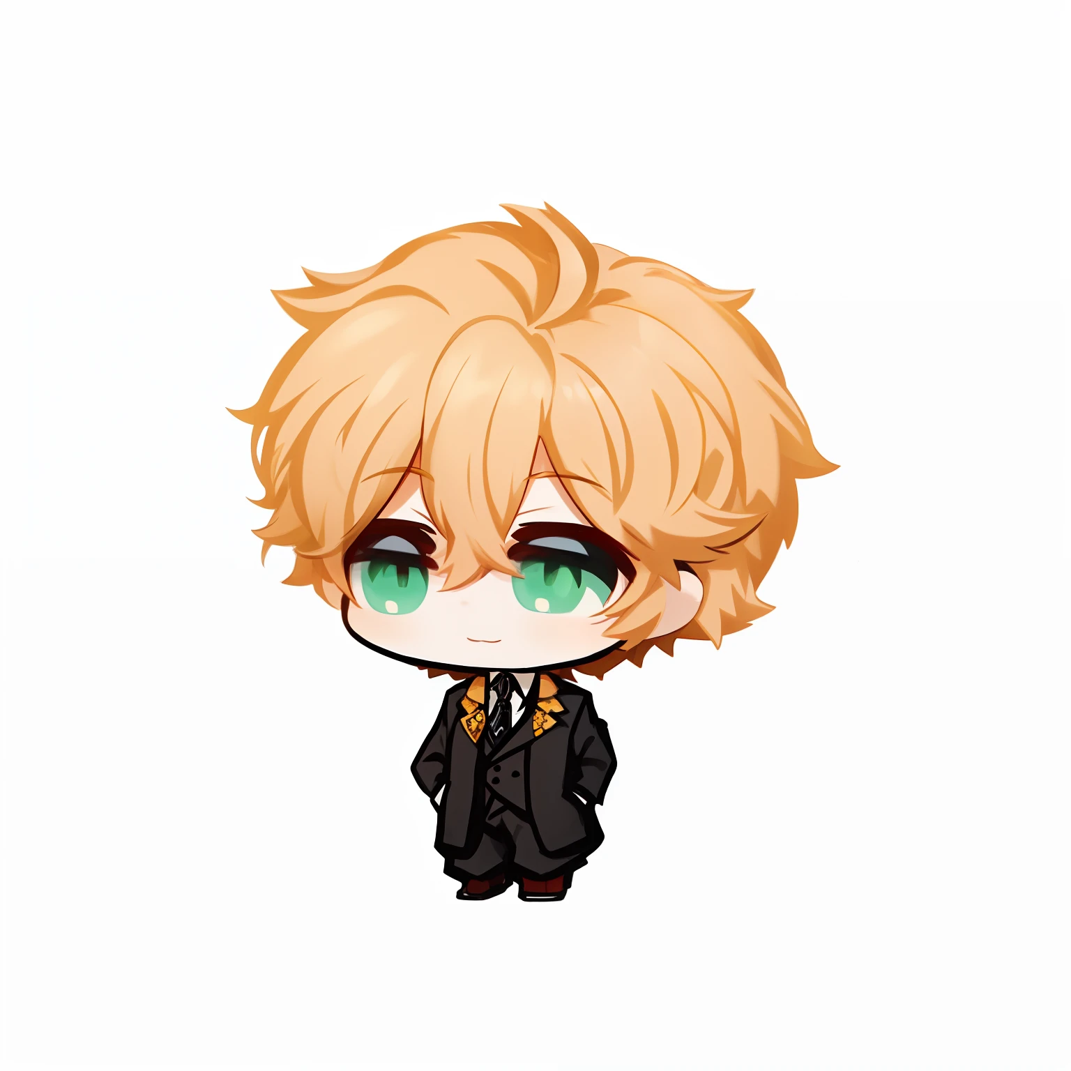 um menino de desenho animado com cabelo loiro e olhos verdes vestindo uma jaqueta preta, Chibi, Menino loiro com olhos amarelos, sprite visual novel, [[[[sorrindo malvado]]]], Resinas, anime moe artstyle, inspirado em Okumura Masanobu, estilo como nendoroid, he is wearing a suit
