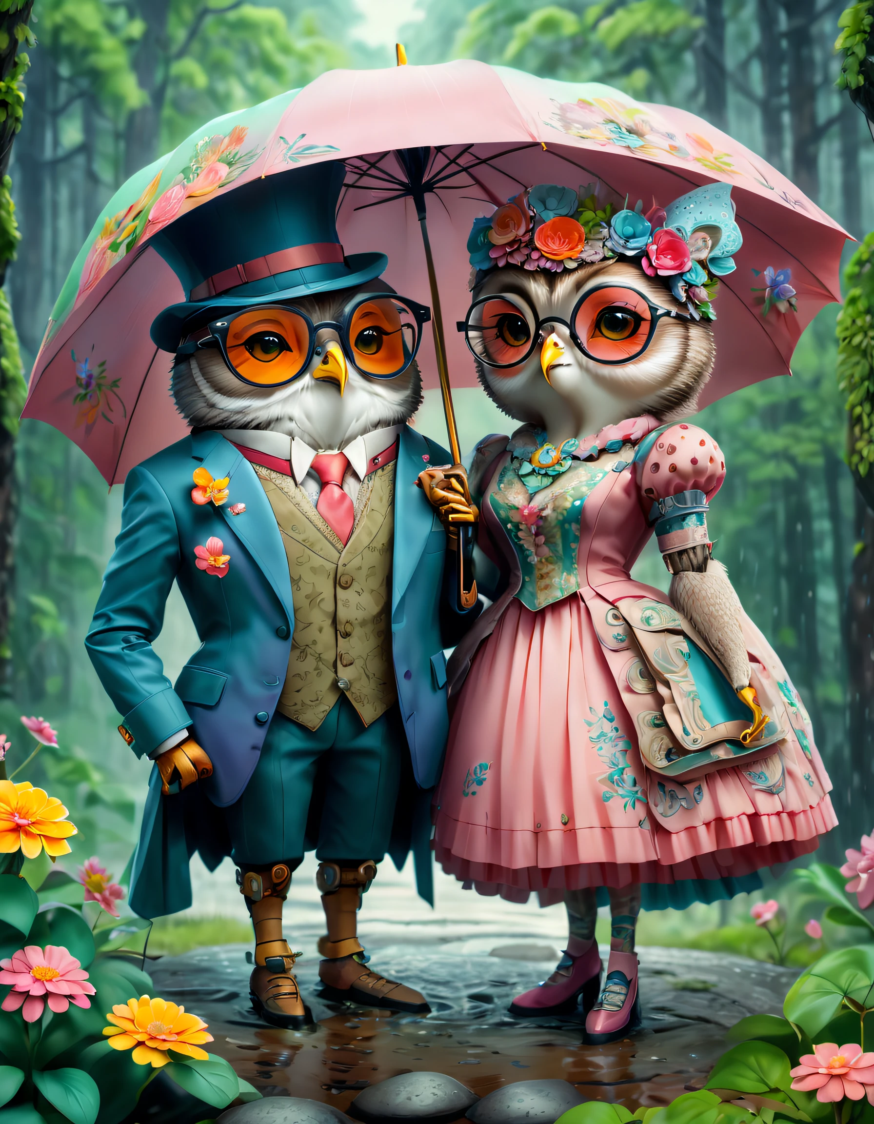 (Draw a pair of colorful Mr. and Mrs. Owl under a large umbrella with flowers）, （ The gentleman wears a suit and big glasses:1.1），（The wife was wearing a skirt：1.1)，，Anthropomorphic background：（In the rainy forest:1.1）， （It was raining heavily）Cute detailed digital art, lovely digital painting, adorable digital art, Beeple and Jeremiah Ketner, cute owl, cute detailed artwork, cute 3 d render, digital painting highly detailed, cute colorful adorable, highly detailed digital artwork, highly detailed and colored, digital art highly detailed, cute artwork