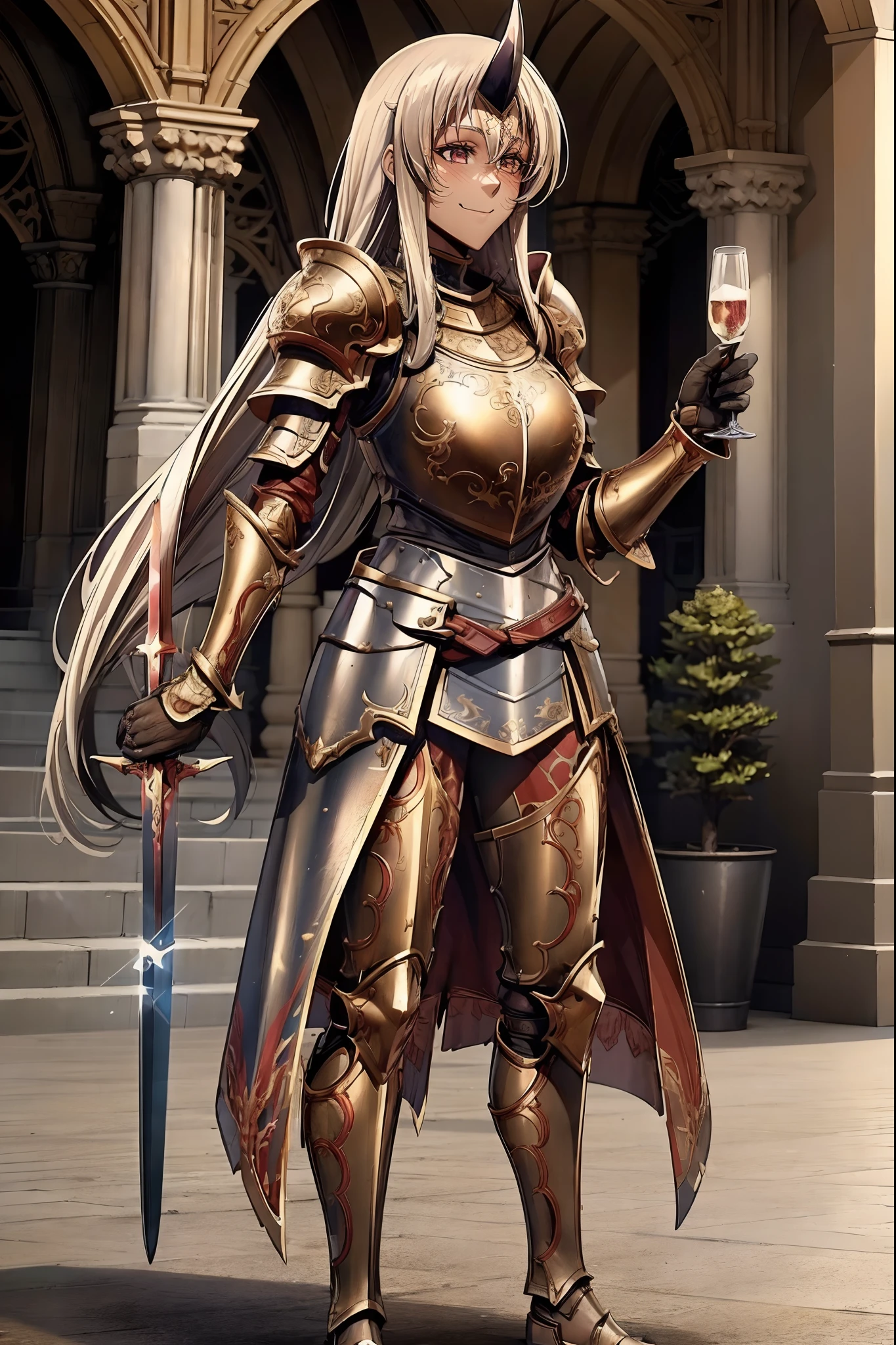 (best quality,4k,8k,highres,masterpiece:1.2),ultra-detailed,(1.37),single horn,very long hair,tall female,red eyes,dark skinned female,standing,armor,boots,sword holding,joyful,big smile,full armor,illustration,portrait,rich colors,warm tones,soft lighting ,full body, standing , forest ruins background,pants,medieval armor